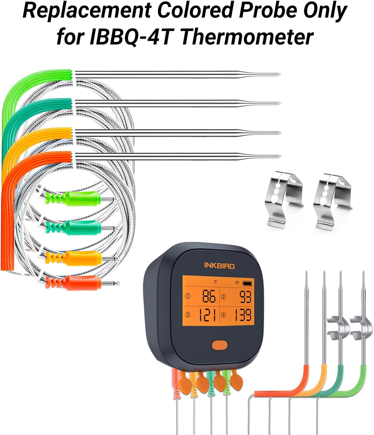 Inkbird WiFi Meat Thermometer 4-Pack Kit with Replacement Colored Probe, Compatible with IBBQ-4T
