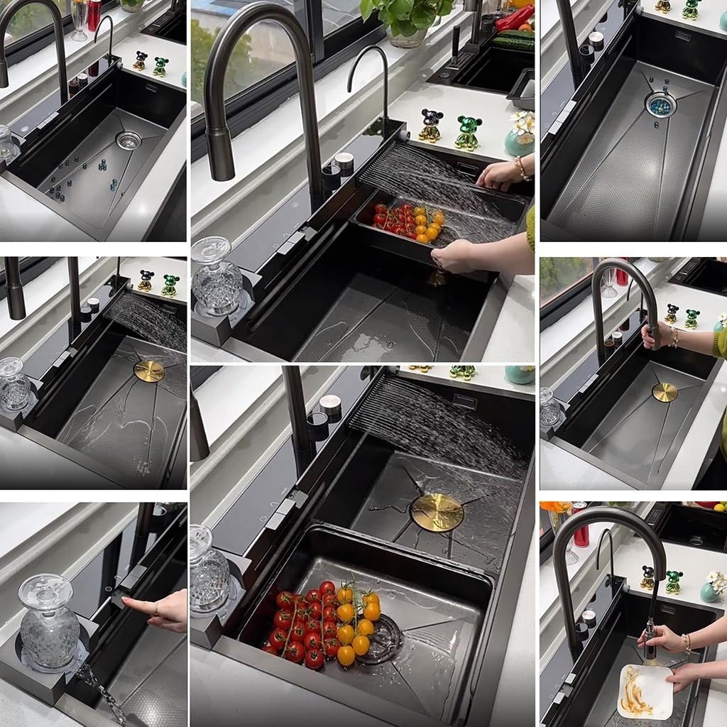 90x50 cm Lavello Cucina 1 Vasca,Lavello Da Cucina A Cascata In Acciaio Inox,Lavandino Cucina Nero Antracite,Lavelli da Cucina Con Rubinetto Estraibile,Sifone,Dispenser Sapone,Lavello Mobile E Tagliere