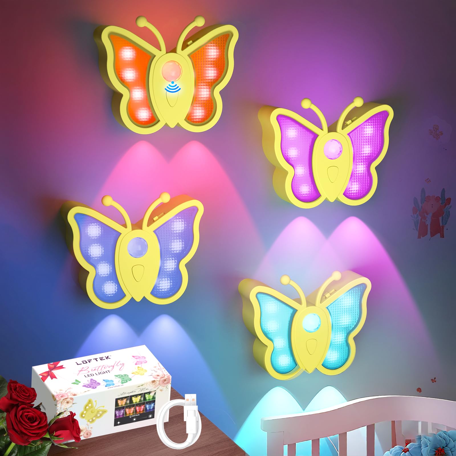 LOFTEK Rechargeable Motion Sensor Light, RGB Color Changing & Dimmable Night Light, Cute Butterfly Light for Kids' Bedroom, Bathroom, Hallway, Tent &