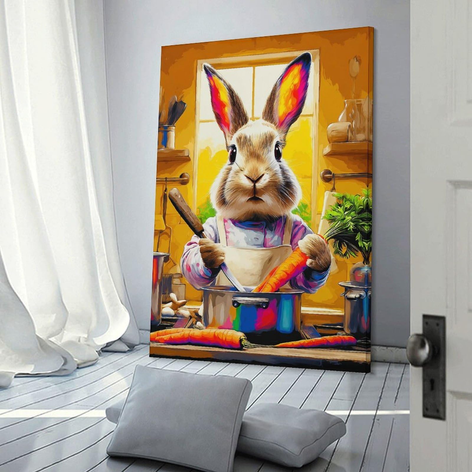 Junmoney Frame-Bunny Chef Cooking Carrots Bunny Chef Cooking Carrots Wall Art Print 24X36inch(60X90cm), For Gallery Wall Layouts In Home Or Office, An Easy Match For Collected Prints
