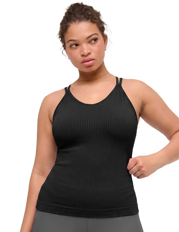 MathCat Ribbed Workout Tank with Built in Bra, V Neck Crisscross Back Yoga Longline Top, Wirefree Spaghetti Strap Gym Shirts Black by MathCat - Used condition - Image 5