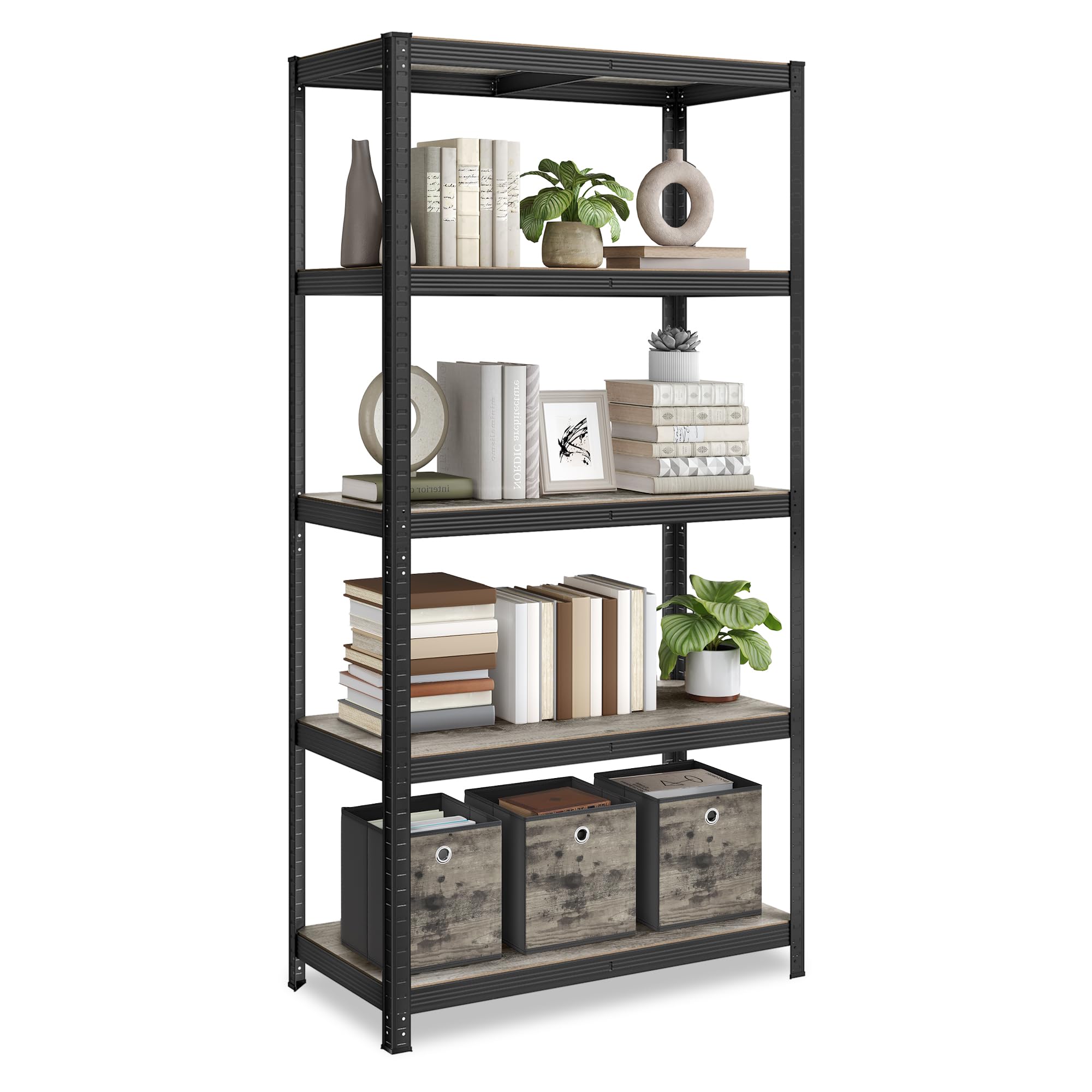 SONGMICS Standregal, Bücherregal, Lagerregal, 5 Ablagen, verstellbar, 50 x 100 x 200 cm, bis 600 kg belastbar, für Küche, Wohnzimmer, Greige-schwarz GLR050B21