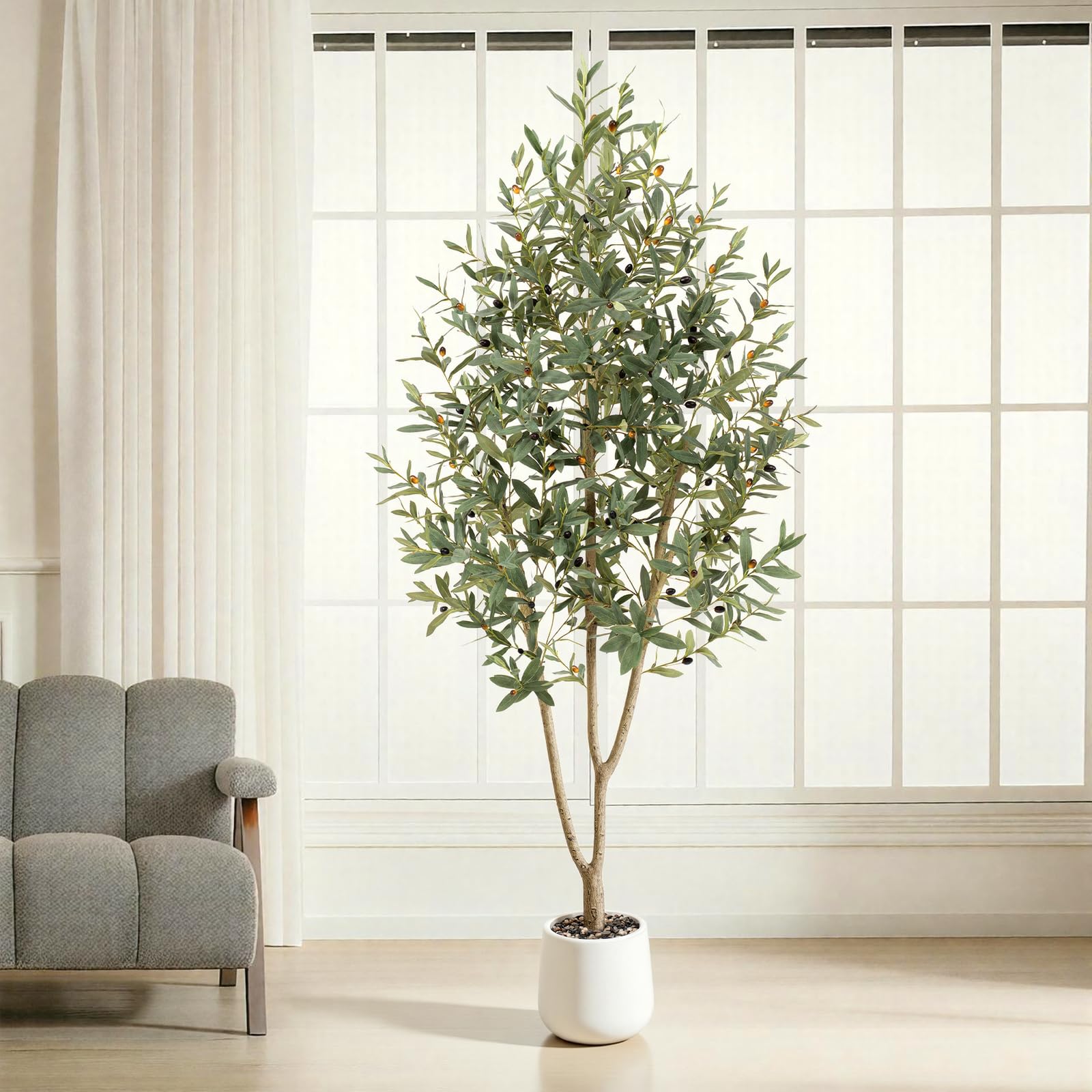 olivenbaum künstlich 210cm,kunstpflanzen groß mit Weiß Topf-1230 realistischen Blättern und 41 lebensechten Oliven,künstliche Pflanzen Dekoration ideal für Büros, Wohn und Schlafzimmer.