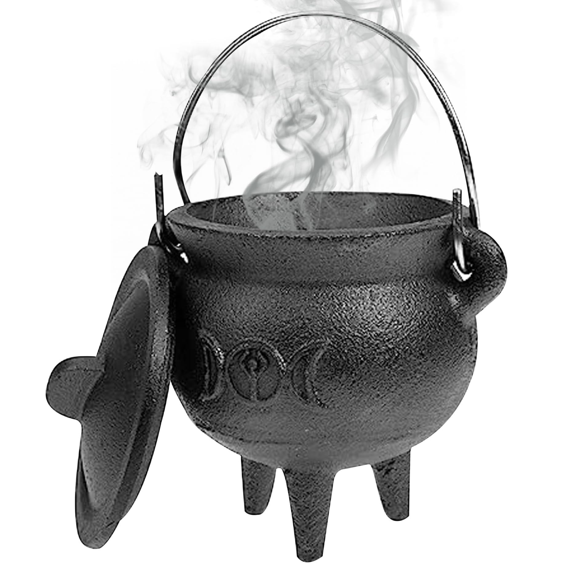 Cast Iron Cauldron with Lid and Handle Halloween 3.94x2.95x2.95inch Cauldron Decorative Candle Incense Burning Witchcraft Pot, Moon, Cast Iron
