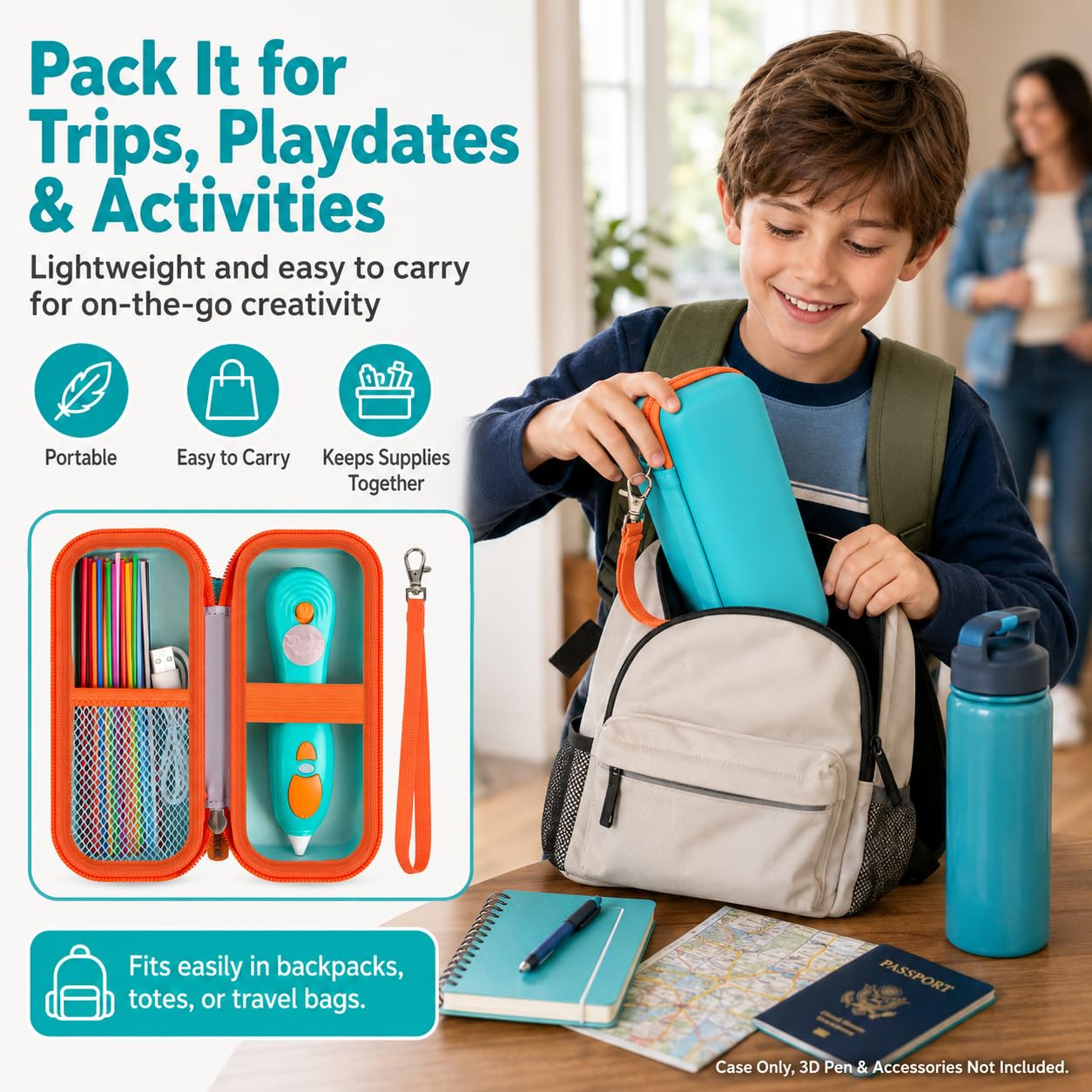 Étui compatible avec 3Doodler Start+ Essentials pour stylos 3D pour enfants, pour stylos 3D, support de transport pour stylo d'impression 3D, recharge en plastique, chargeur micro-USB (boîte