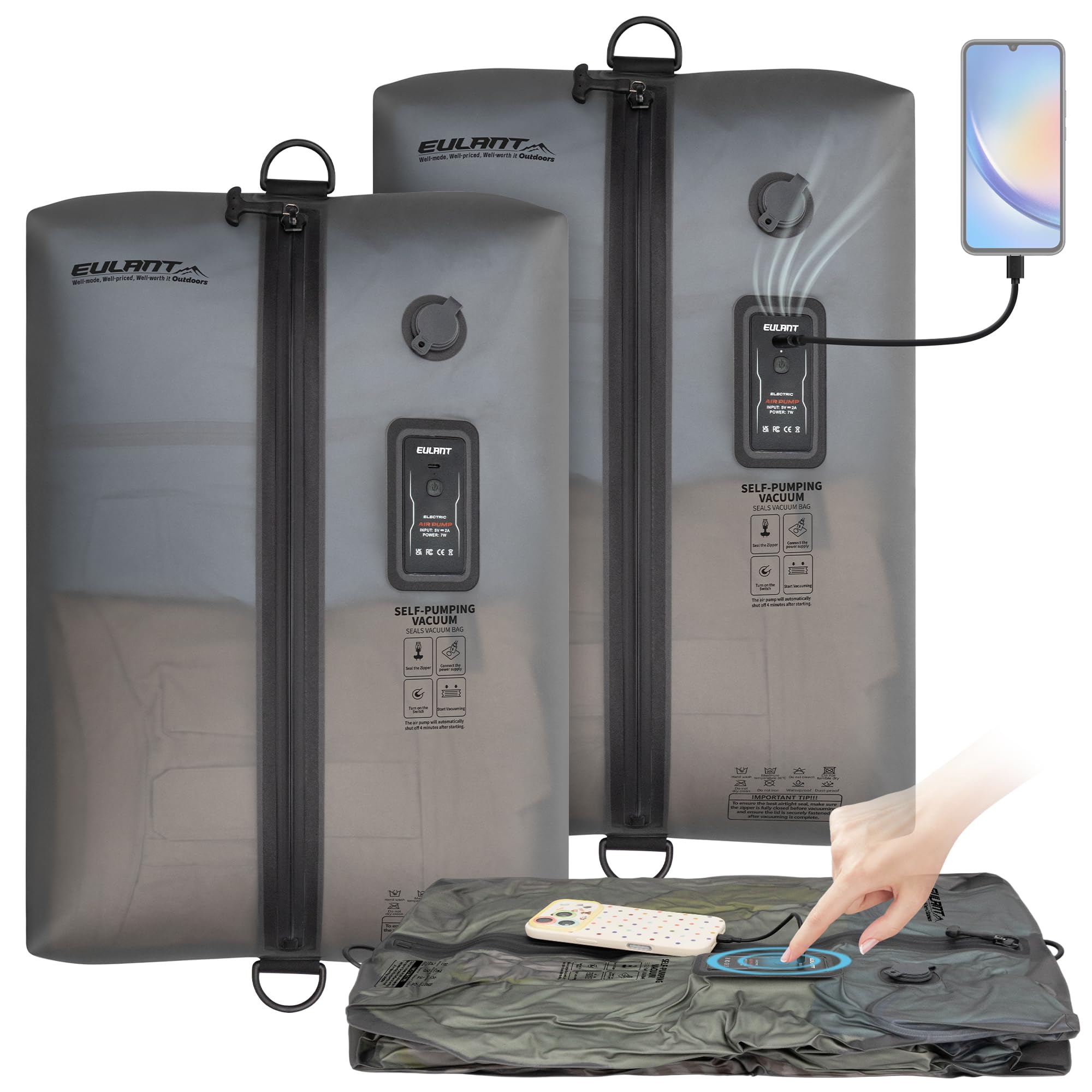 Travel Vacuum Bags with Built-in Pump,IPX8 Reusable Compression Bags,2 PC