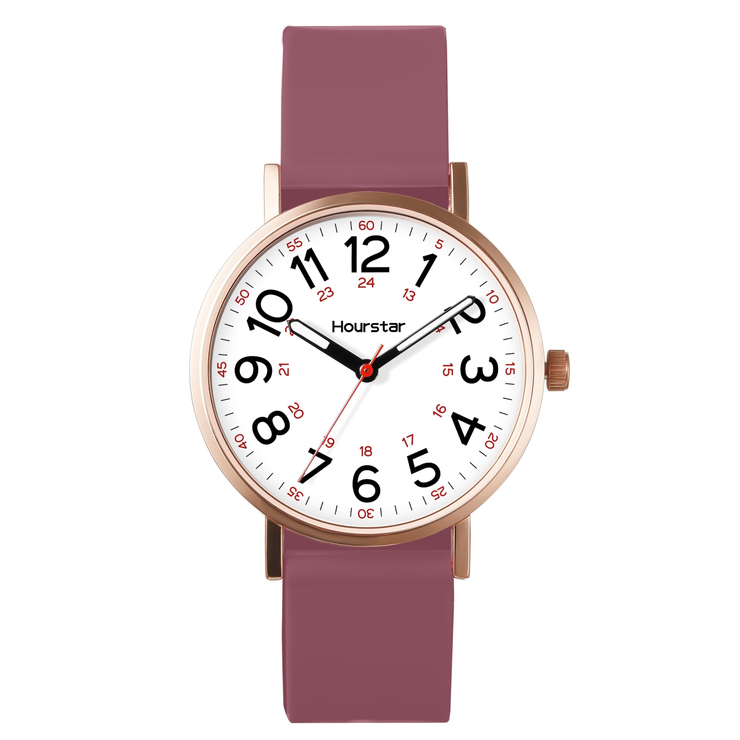 Reloj analógico de enfermera para mujer con segunda mano para enfermería, 12/24 veces, correa de silicona, fácil lectura (morado)