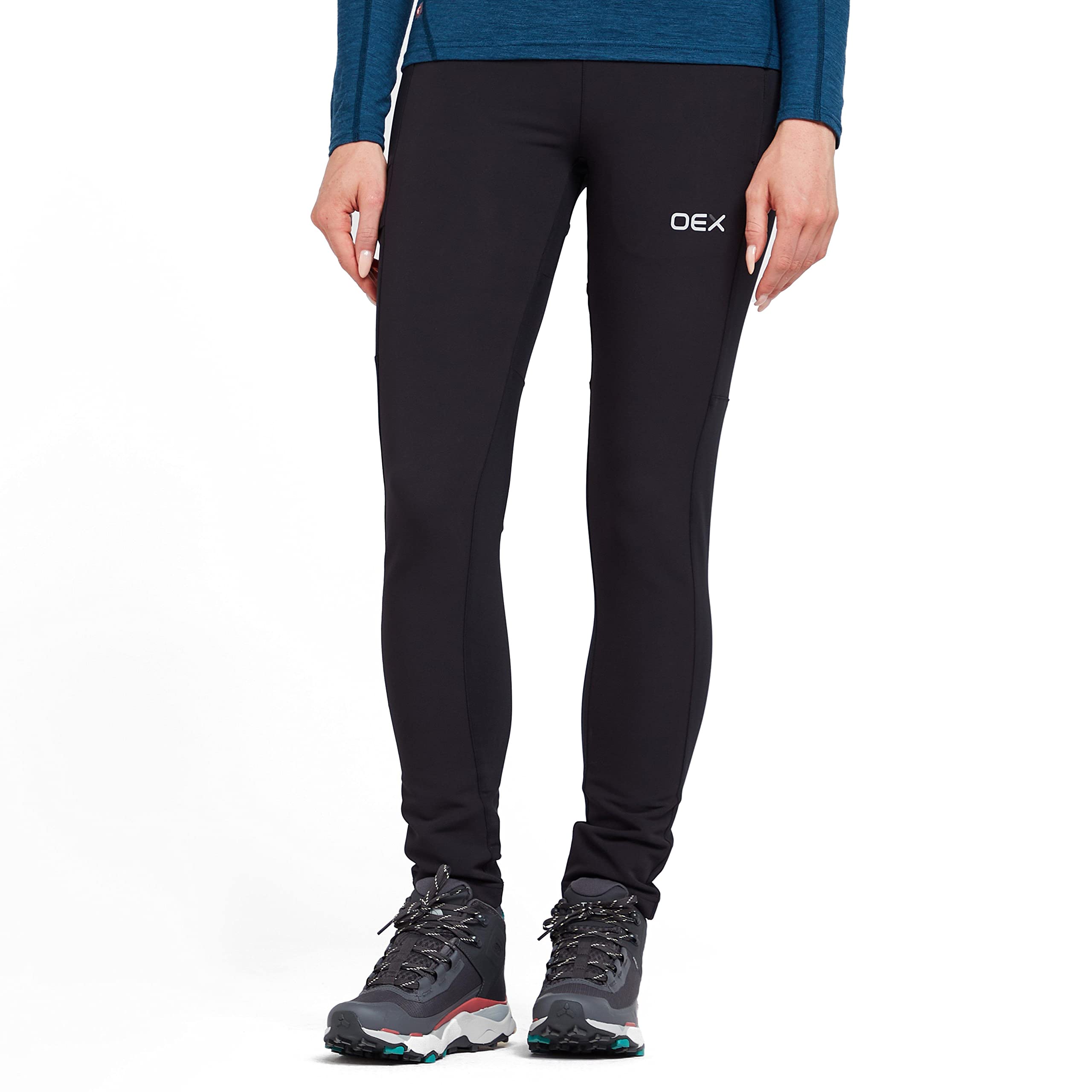 OEX Women's Scramble Tights with Water Repellent Stretch Double Weave Softshell, Moisture-Wicking & Breathable Leggings, Active Fit (UK, Numeric, 10, Regular, Regular, Black)