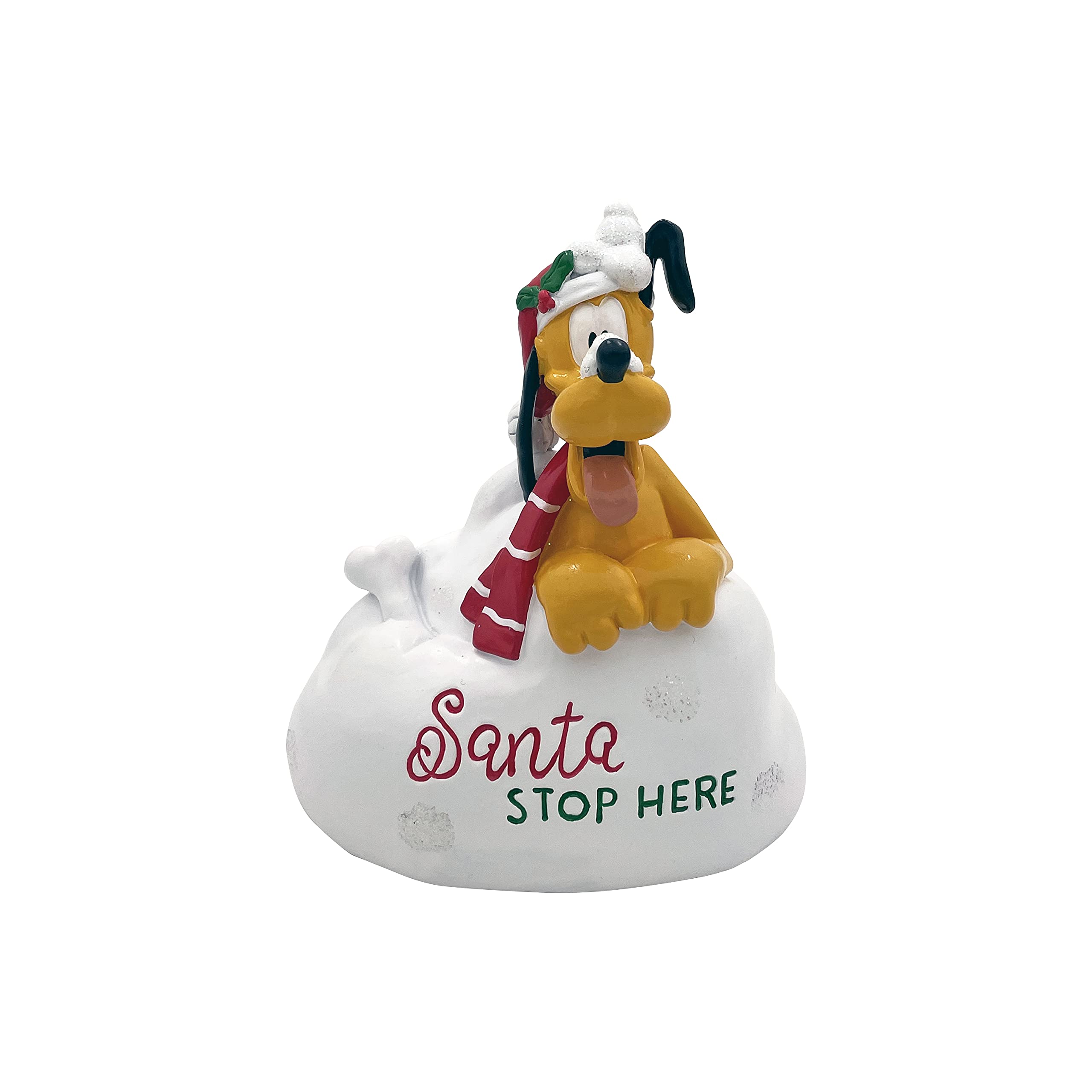 BACKYARD GLORY Disney Pluto Santa Stops Here Glittery Snow Scene Christmas Outdoor Garden Statue, 6 inches Tall, Officially Licensed Disney Product