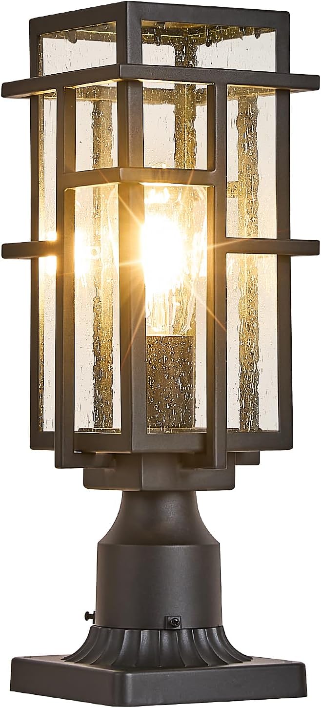 Outdoor Solar Lamp Post Light with Pier Mount Base, Dusk to Dawn Aluminum Outside Solar Pillar Lights with Seeded Glass, Waterproof Exterior Pole Light for Garden, Pathway, Patio, Black