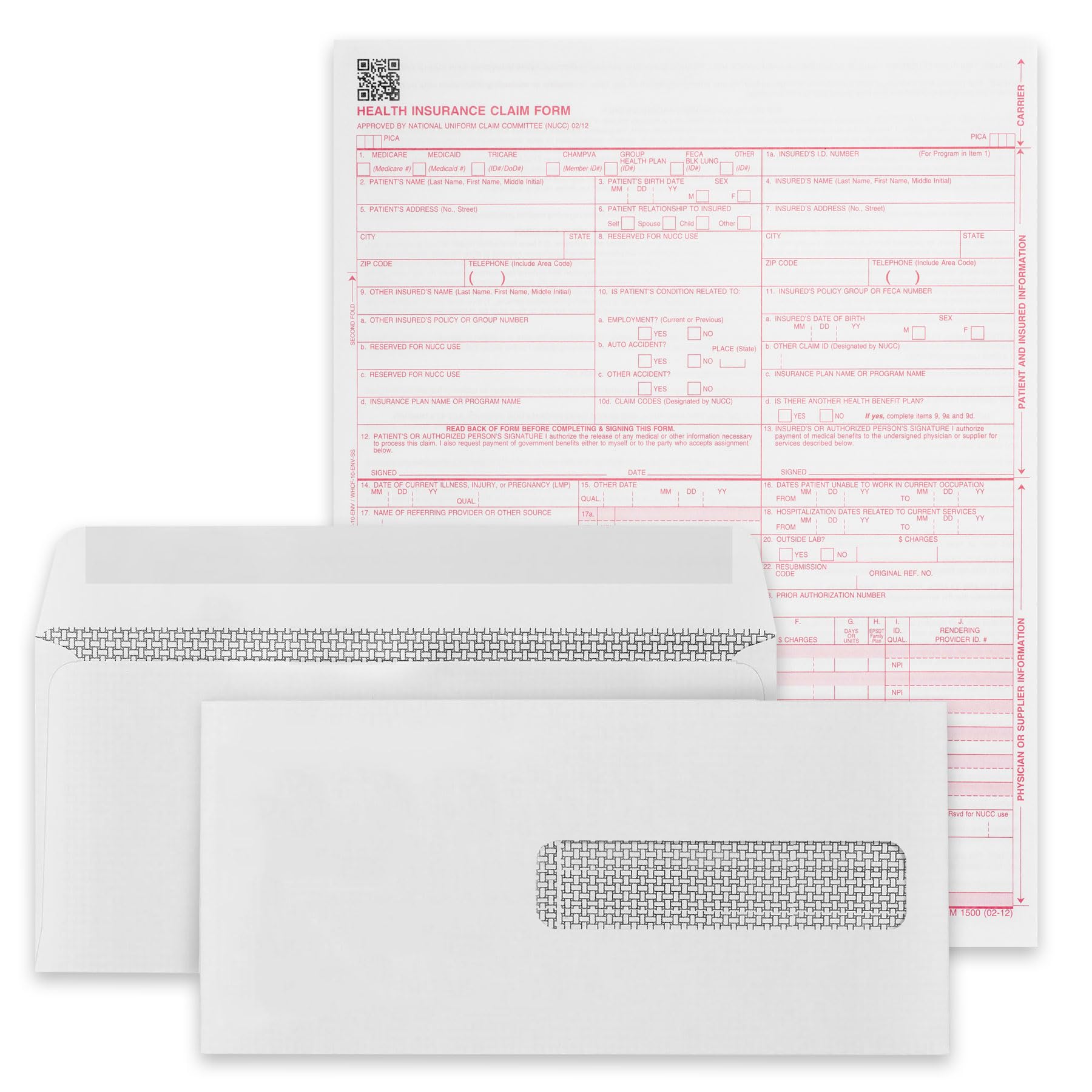 Blue Summit CMS-1500 Medical Claim Forms, 500-Pack with 500 CMS-1500 Form Envelopes, No Peel Self Seal, 500 Count