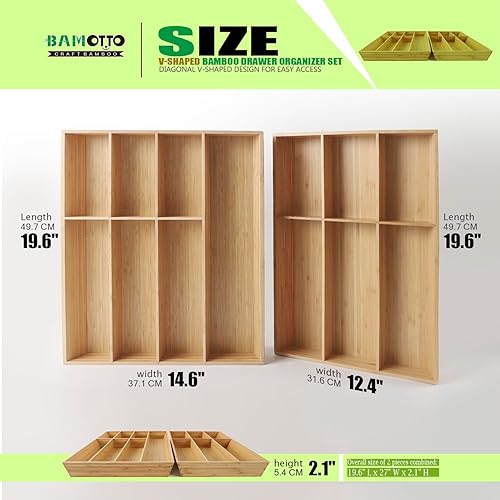 Miniatura 2 de Juego de 2 organizadores de cajones de bambú extra grandes en forma de V, bandeja de cubiertos de cocina, caja de almacenamiento de cubiertos y