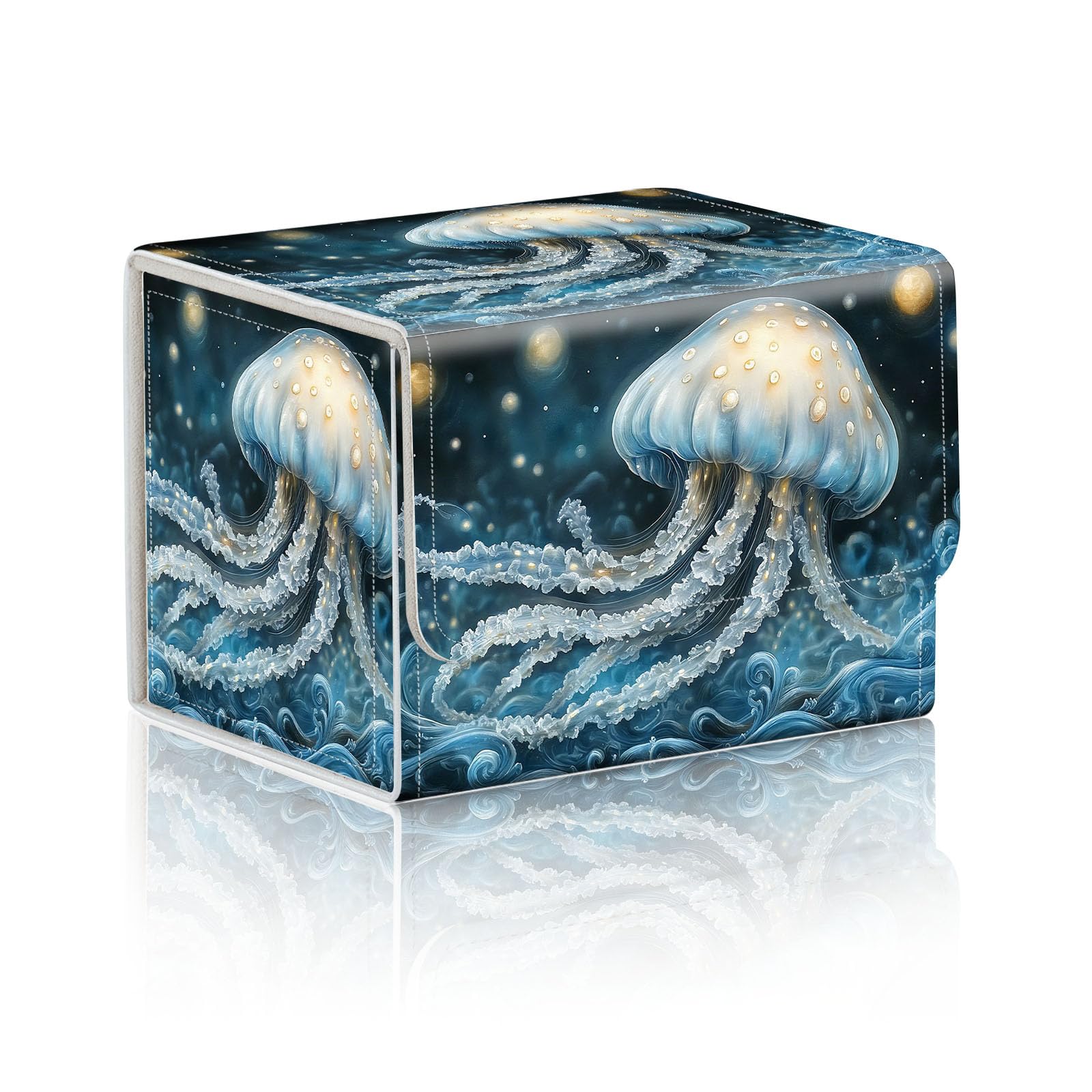 DISUOFEART Trading Card Storage Box, Holds 100+ for MTG Cards, PU Leather with Magnetic Closure, Jellyfish in Deep Blue Sea Durable Deck Box for Magic the Gathering, Trading Card Games