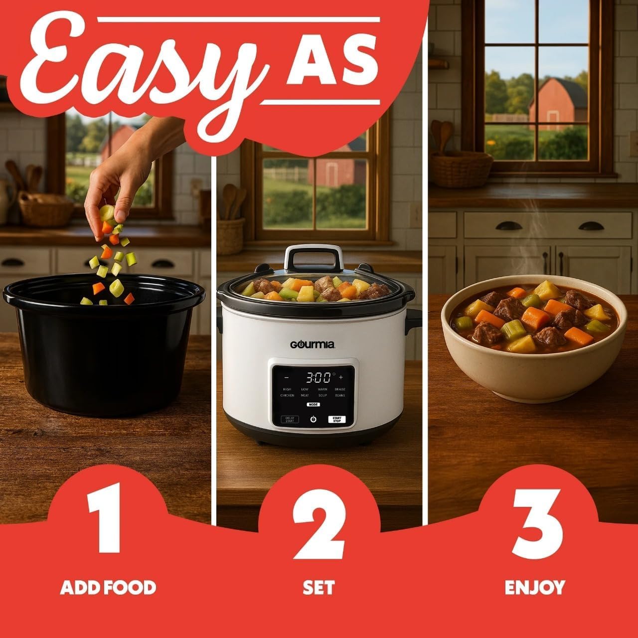 Three-step visual guide for using the Gourmia GSC517 Slow Cooker: 1. Add Food, 2. Set (controls), 3. Enjoy (cooked meal).