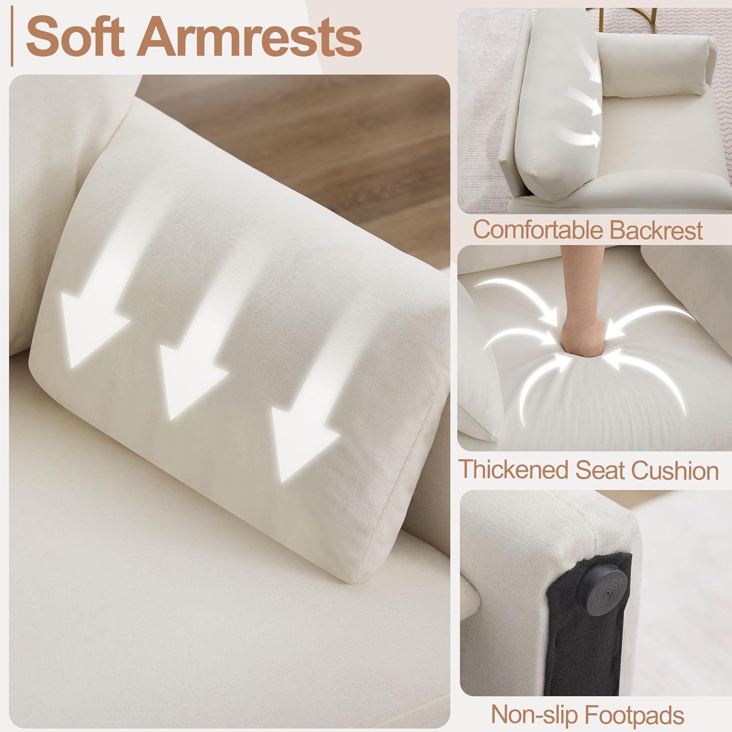 Oversized Accent Chair for Living Room, 32.68" Large Modern Armchair with Deep Seat, Mid-Century Comfy Reading Chair with Padded Arms, Chenille Single Sofa Chairs for Bedroom, Beige