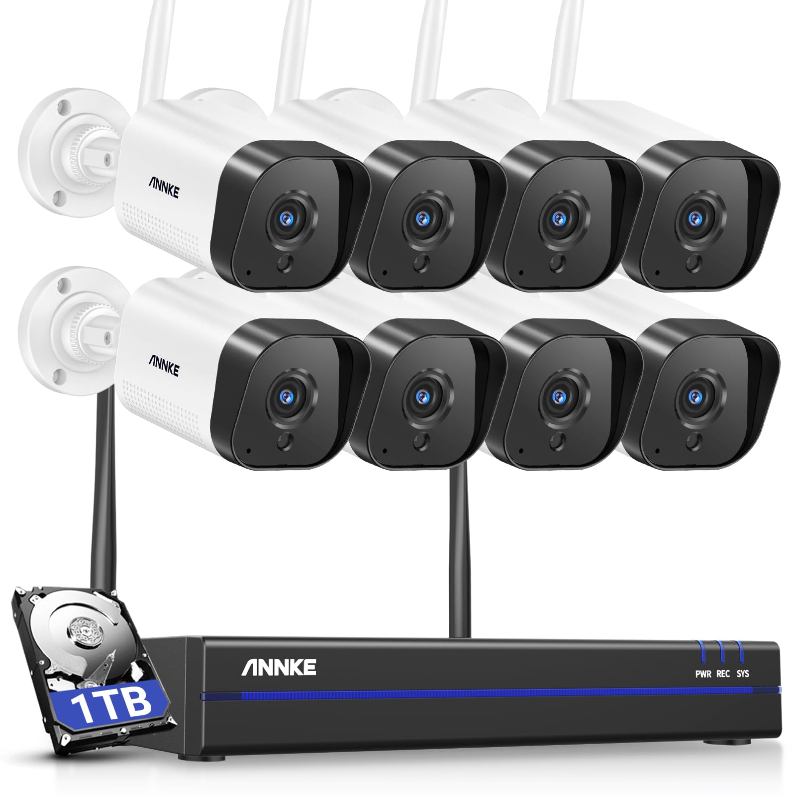 ANNKE 3MP Kit Videosorveglianza WiFi, 10CH NVR con 1TB HDD 8x 3MP Telecamere Esterne Wireless, Rlevamento Movimento Alarm, Audio Bidirezionale, Visione Notturna IR 100ft, Registrazione 24/7, IP66
