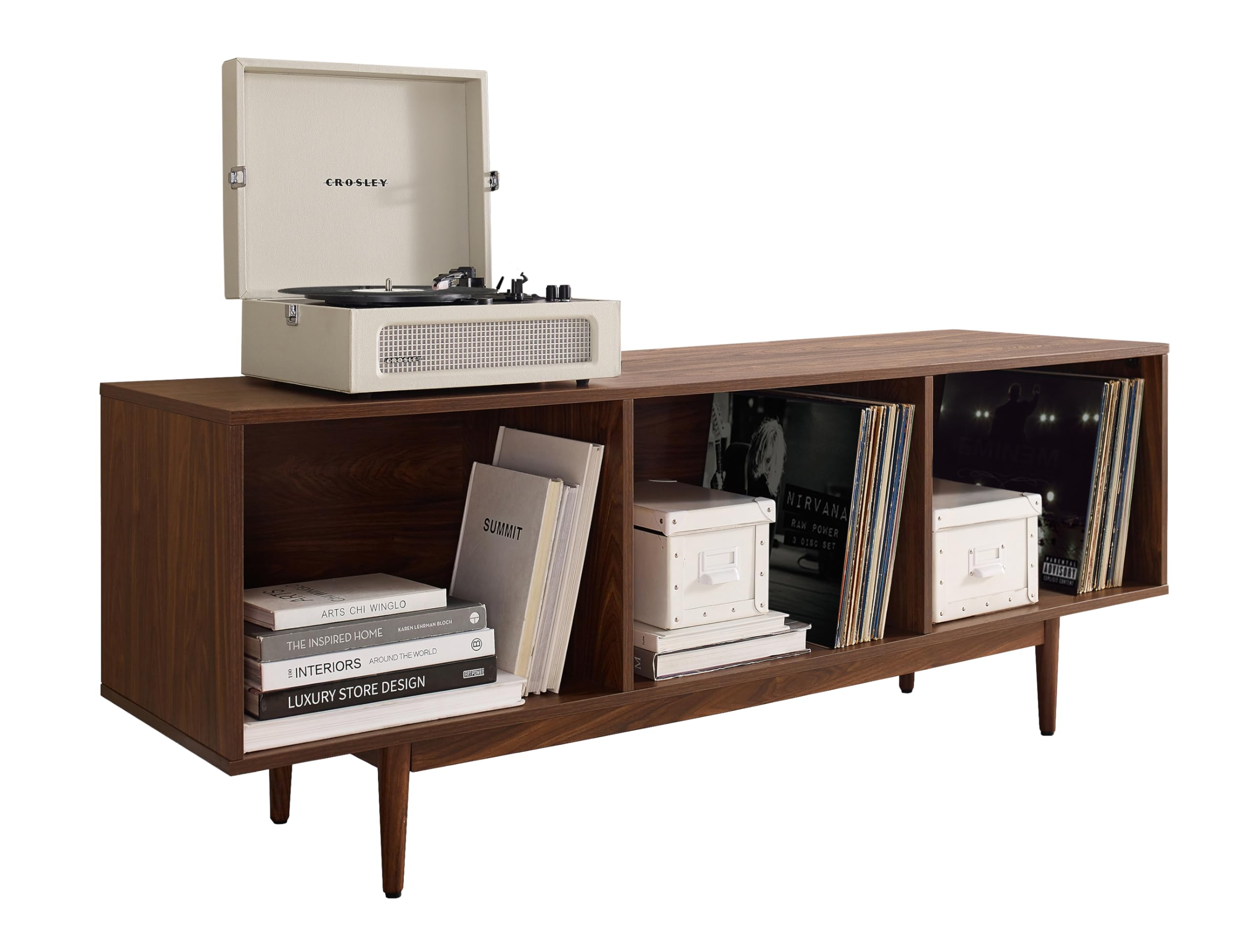 Crosley Furniture Liam Large Vinyl Record Storage TV Stand and Entertainment Center, Media Console, Walnut