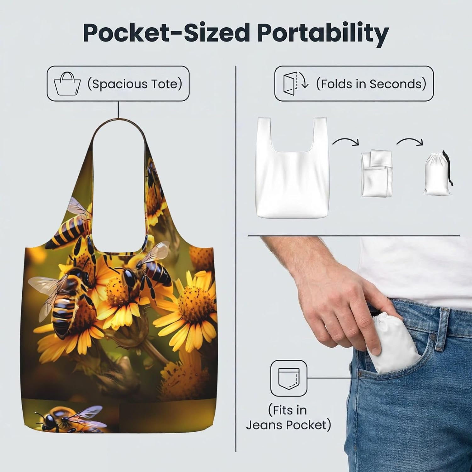Reusable Shopping Bags Lightweight Foldable Grocery Bags In Pocket,Washable Large Tote Bags Bee Flying 2 Travel Shoulder Bag Gifts For Women Men image 5