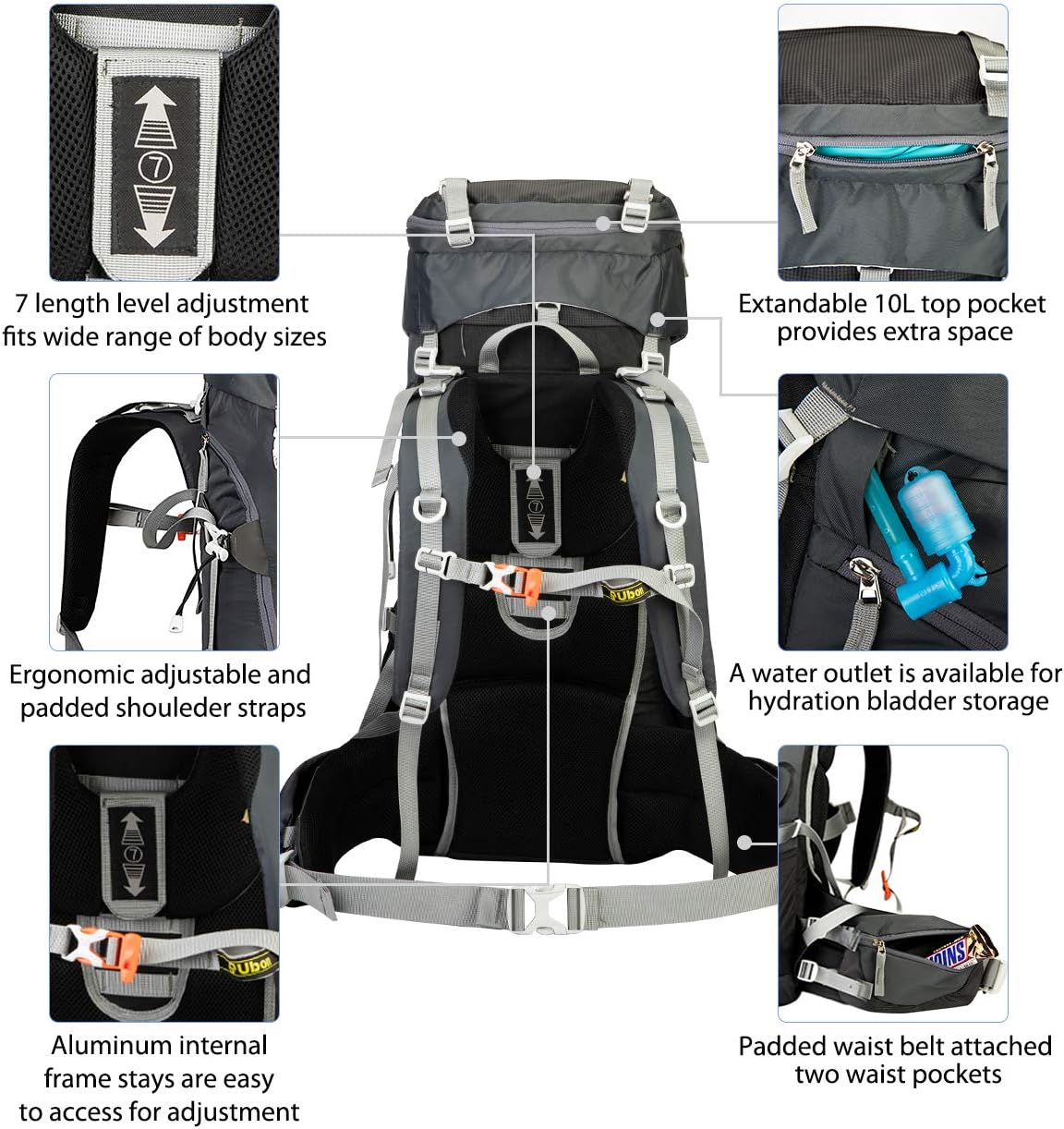 Ubon Internal Frame Hiking Backpack 60L Camping Backpack for Men Women with Rain Cover 60l-grey One Size