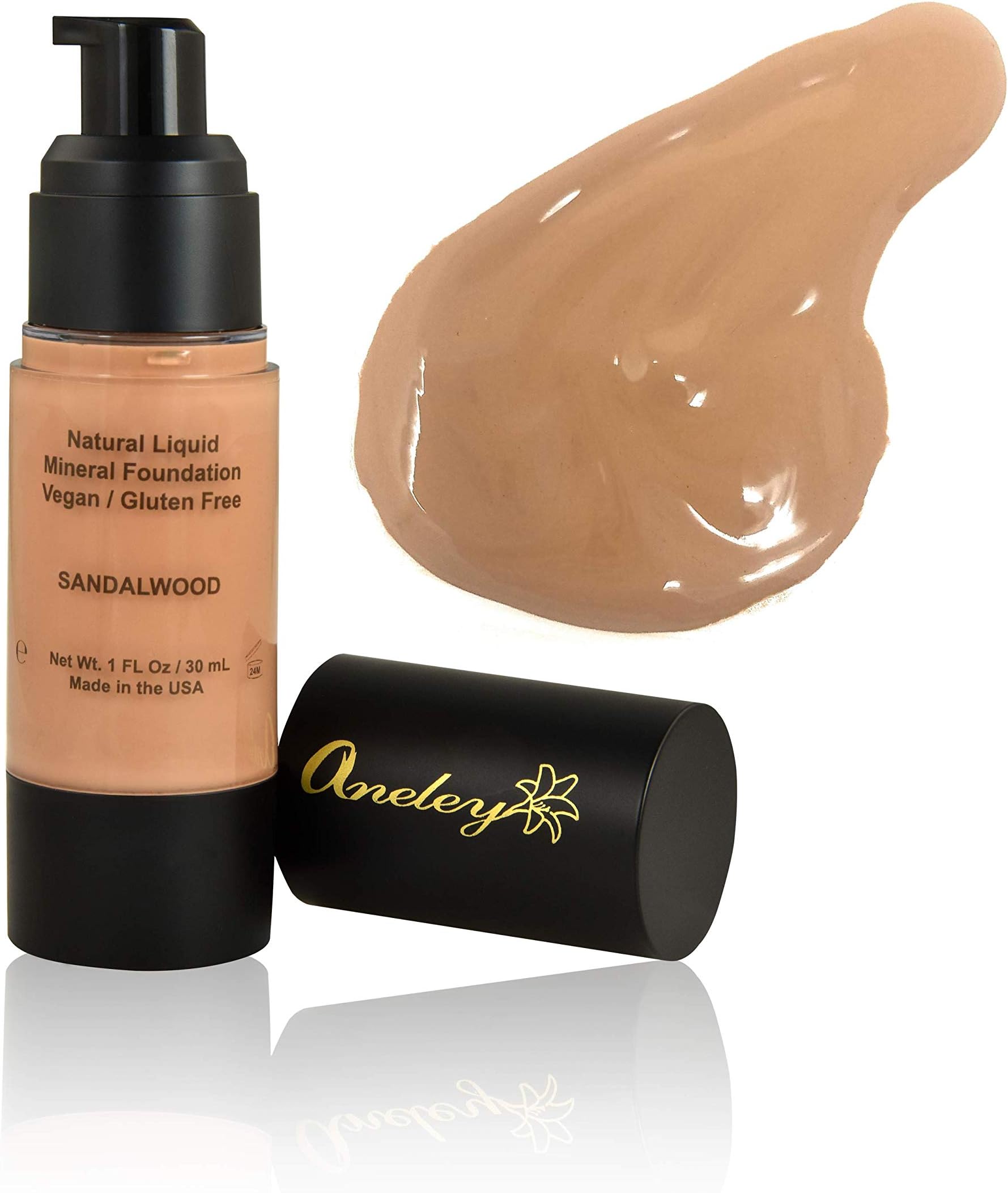 liquid mineral foundation organic natural vegan cruelty free chemical free full coverage aloe base highly pigmented lightweight formula acts as a moisturizer, sunblock and skin care (Sandalwood)