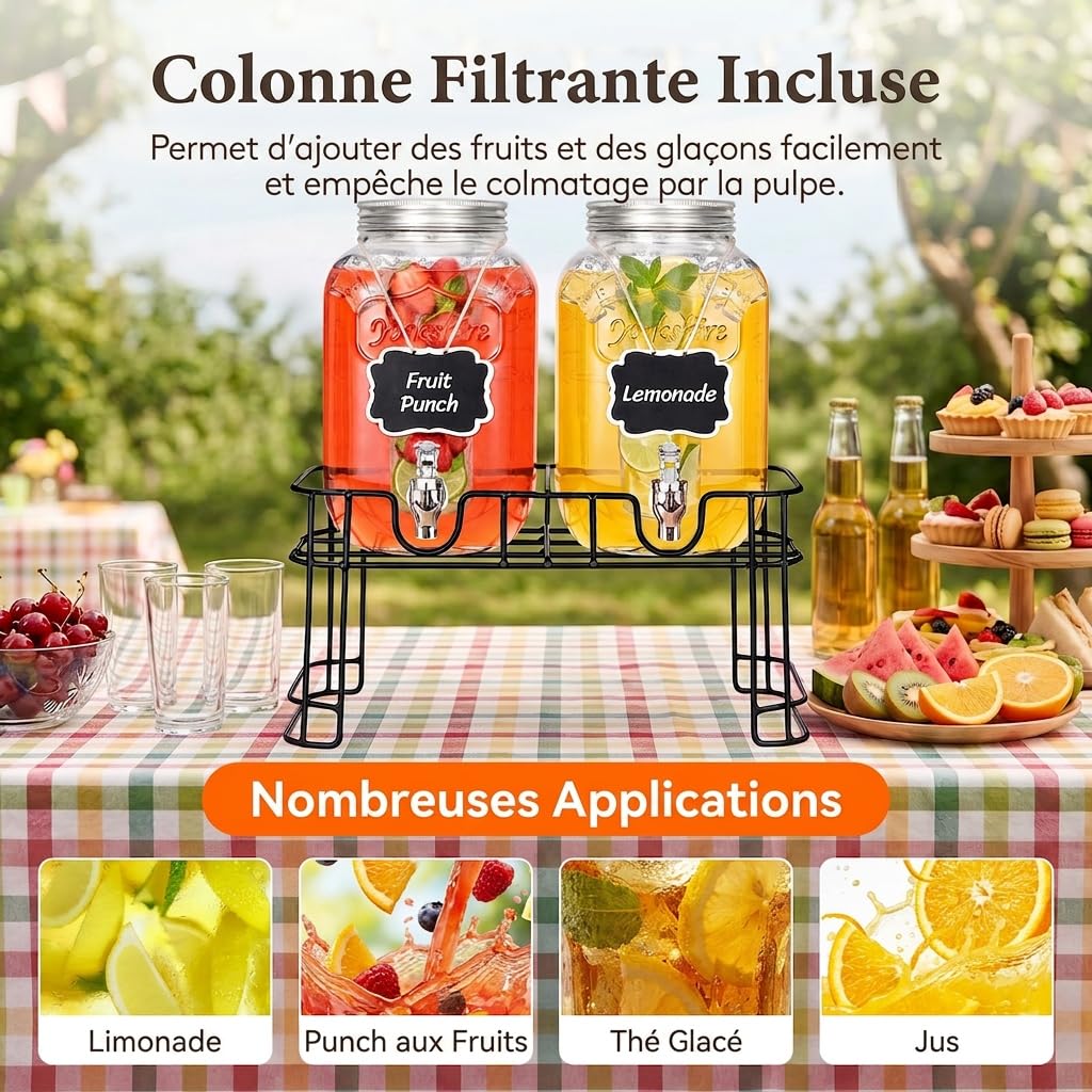 Lifewit Lot de 2 distributeurs de boissons de 4 l en verre avec robinet et support pour bière, limonade, jus, thé, eau, boissons, avec robinet, pour fêtes, buffets, événements, 39 x 16 cm
