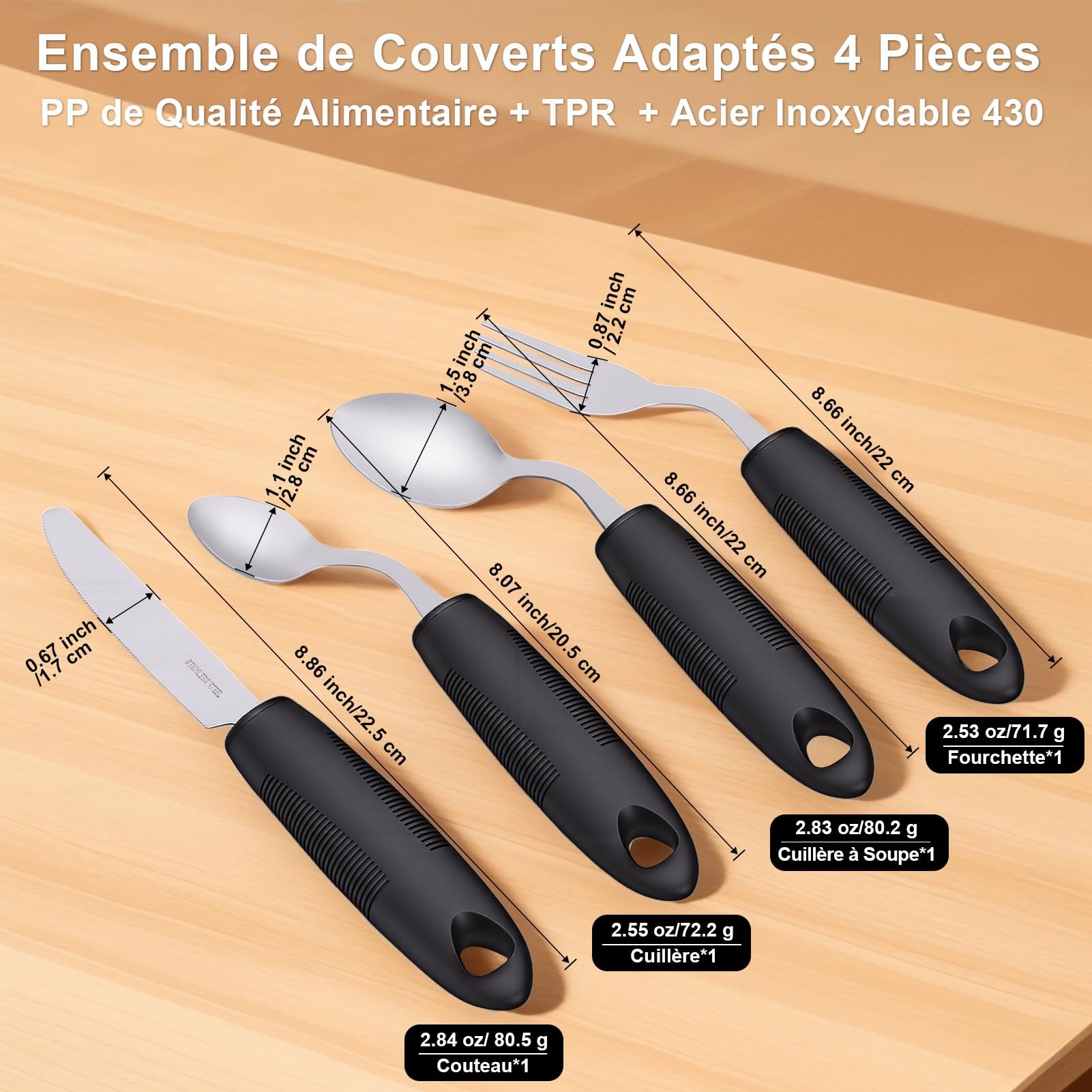 4 Pièces Couverts Adaptés - Angle de 45°, Ustensiles Parkinsons Couverts Lestés pour Âgées, Tremblements et Arthrite, Aide à l'Alimentation Ergonomique Facile à Saisir pour Droitier, Noir