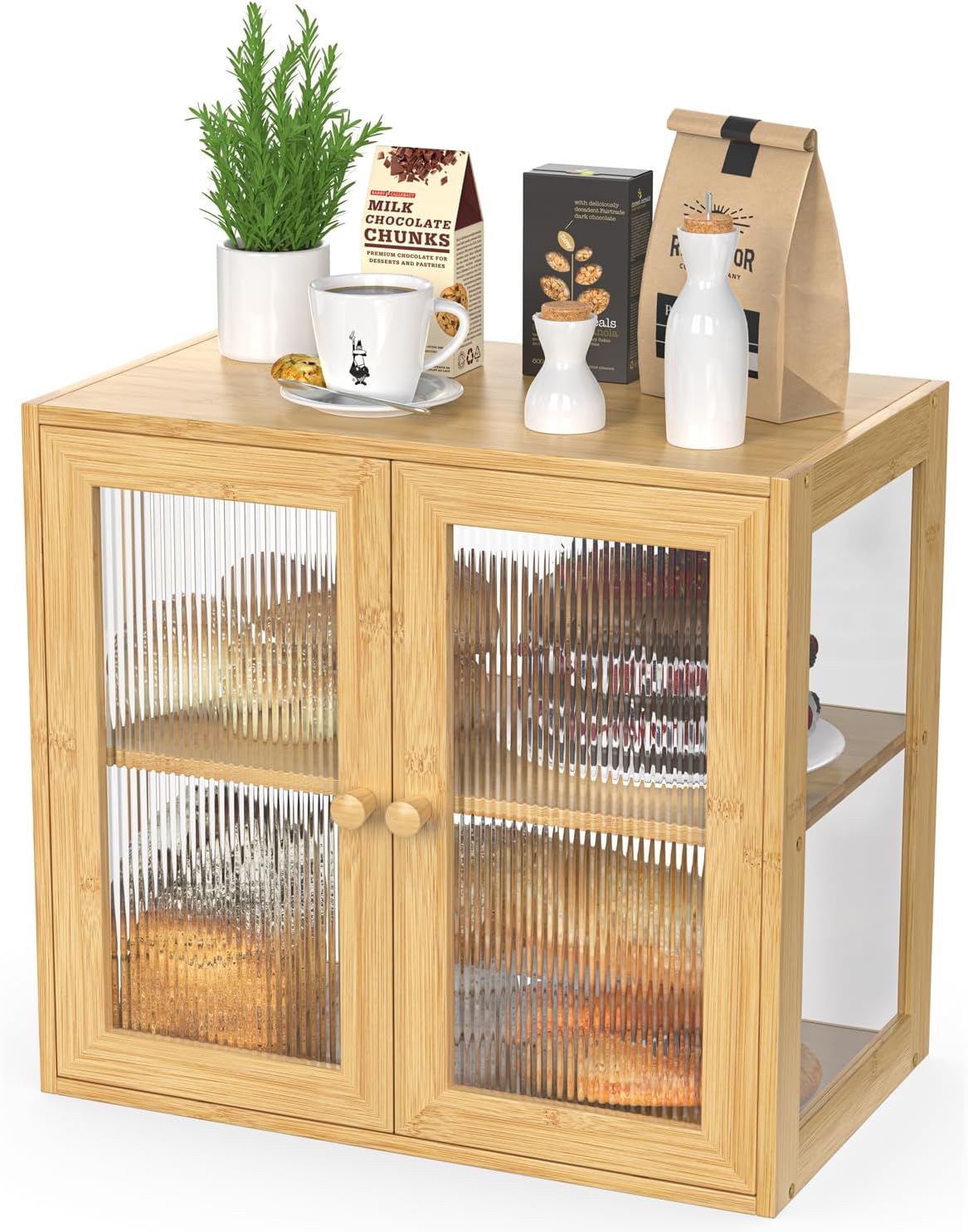 BAMBANG Double Layer Bamboo Bread Box for Kitchen Counter, Bread Bin Farmhouse Large Bread Box with 2 Doors, Wooden Breadbox Storage Container Holder for Homemade Bread, Natural Natural-2 Doors