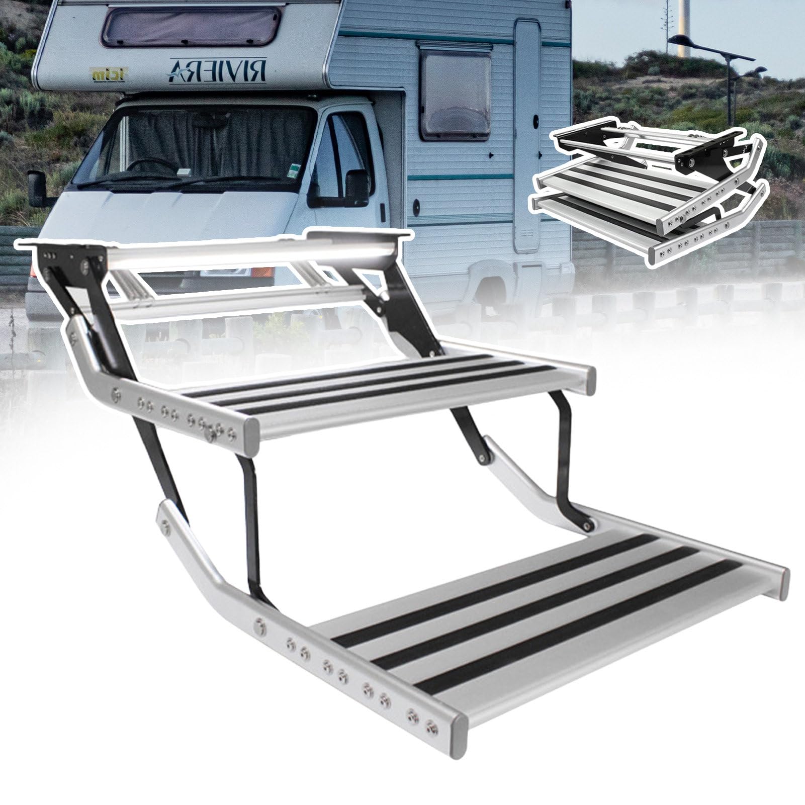 AB Tools - Gradino Pieghevole Grande 19x17 Cm Per Camion, Roulotte, Rimorchi E Cavalli. Struttura In Acciaio Zincato Con Pedata Antiscivolo, Blocco Automatico. - 3