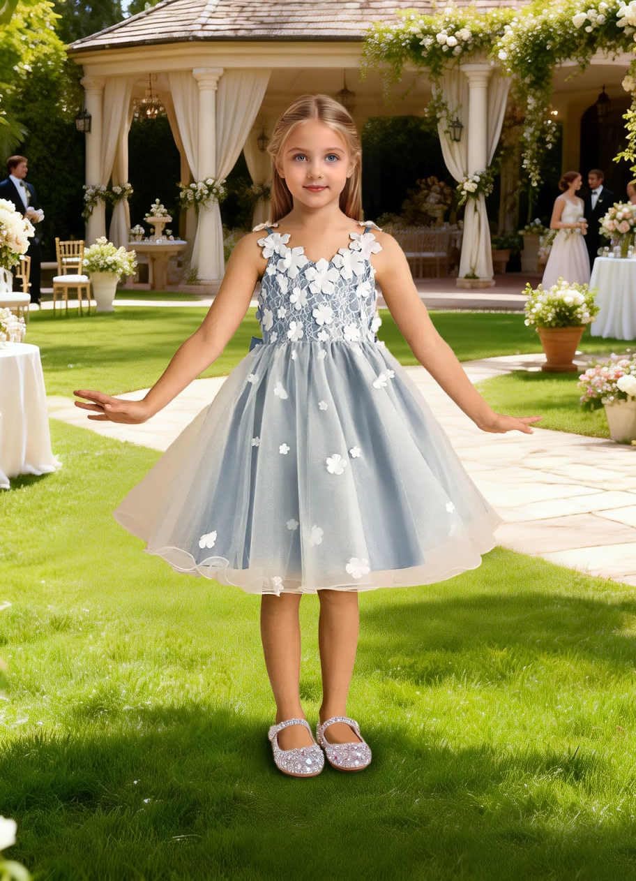 Girls Lace Flower Girl Dress 3D Floral Sleeveless Tulle Princess Wedding Pageant Party Dresses with Big Bow