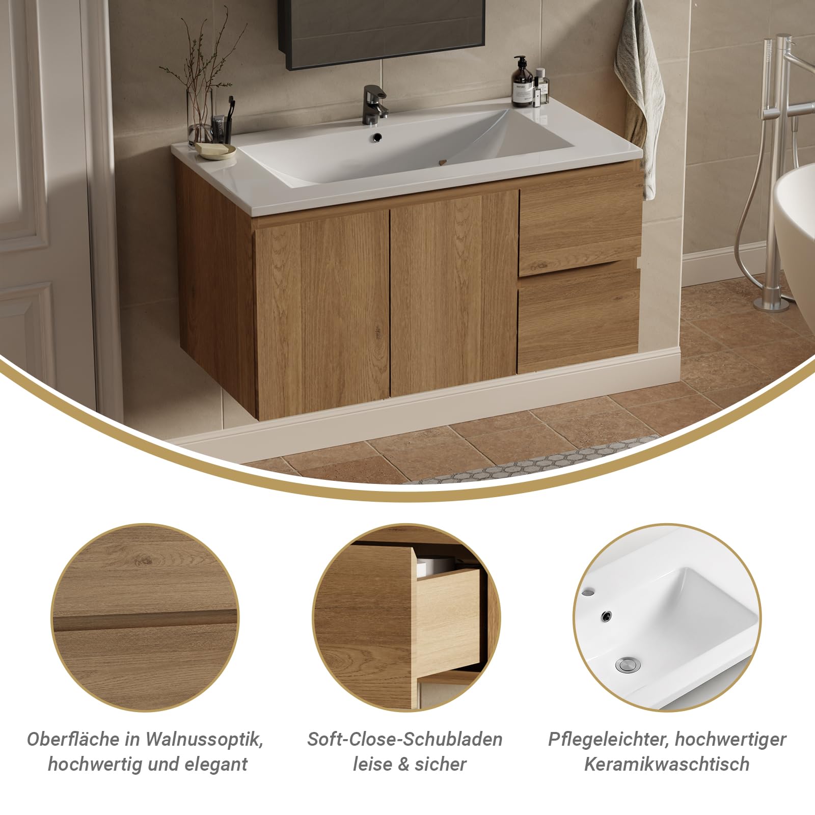 Badmöbel Set – Waschbecken mit Unterschrank 90 cm, 51cm Spiegelschrank & Waschtisch Set – Badezimmermöbel Wandhängend mit Keramik Waschbecken, Holzoptik, Oak-Dekor