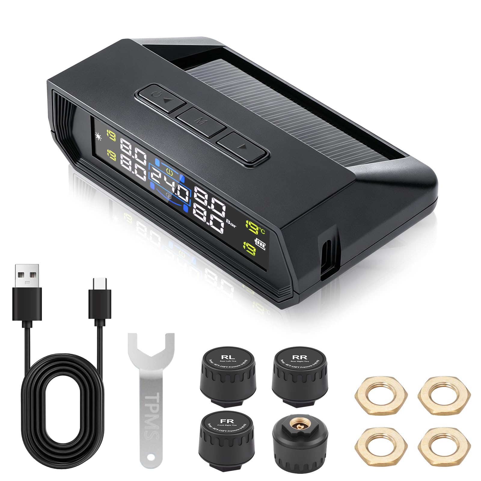 Sistema di controllo della pressione dei pneumatici 0-72 PSI 0-5 Bar TPMS con energia solare e USB, 4 sensori di pressione dei pneumatici esterni per la pressione dei pneumatici, universale