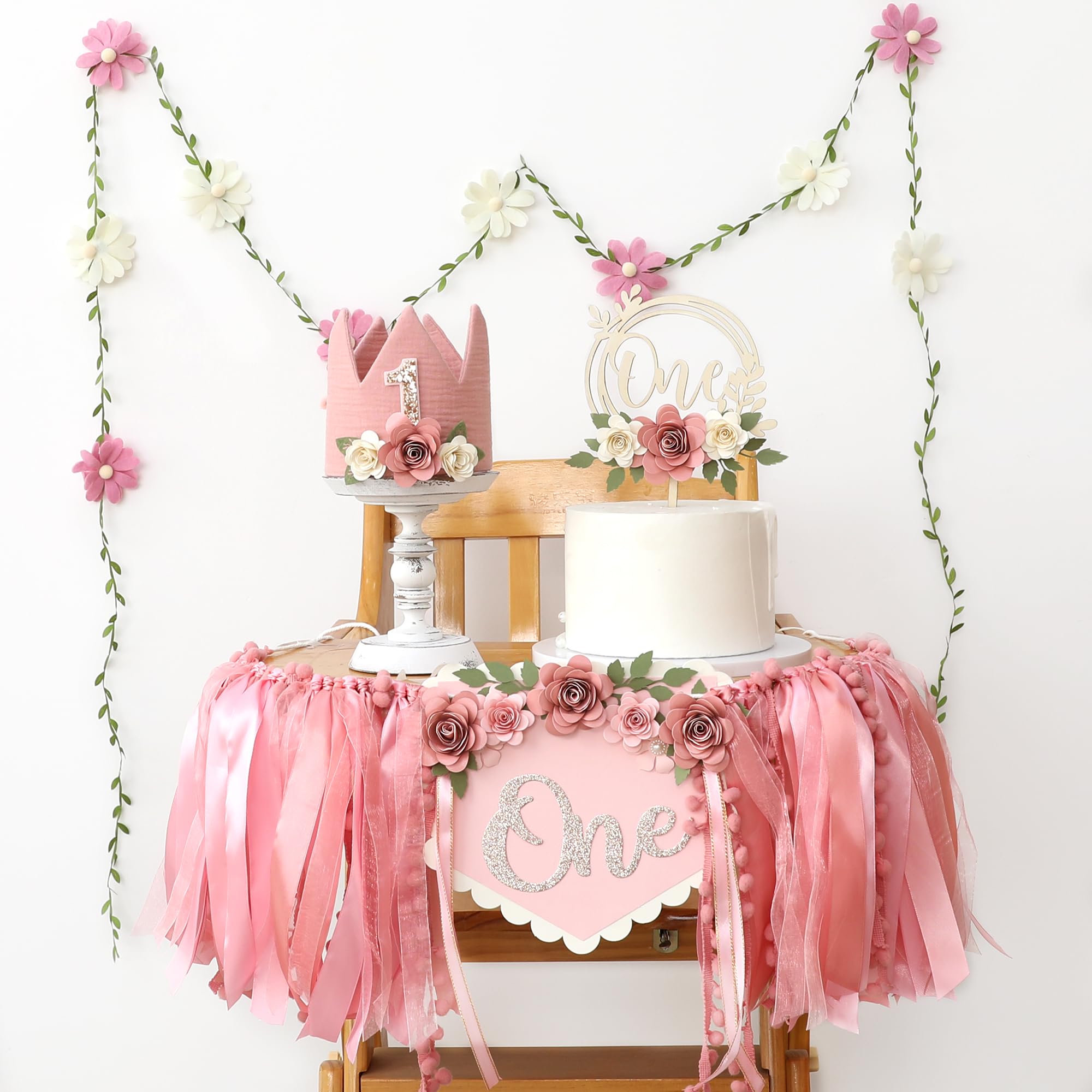 HODIHIWI Wildflower 1st High Chair Banner Birthday Decorations For Girl Flower Cake Topper Hat Floral Theme Party Decoration
