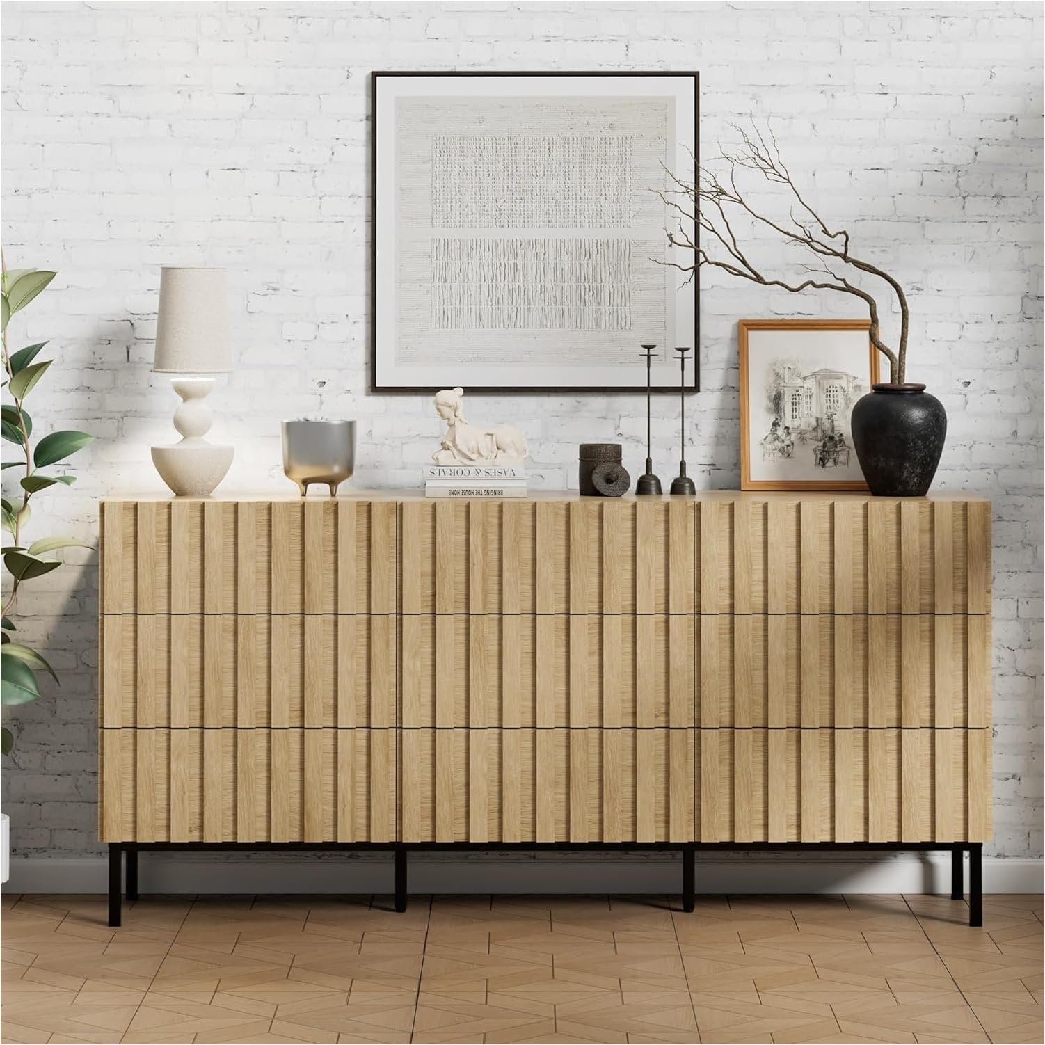 UEV Set mit 3 Schlafzimmermöbeln, 1 Kommode mit 9 Schubladen, 2 Nachttische, großer Stauraum, geräumige Decke, für Wohnzimmer, Schlafzimmer, Holzmuster, Metallbeine, Natur