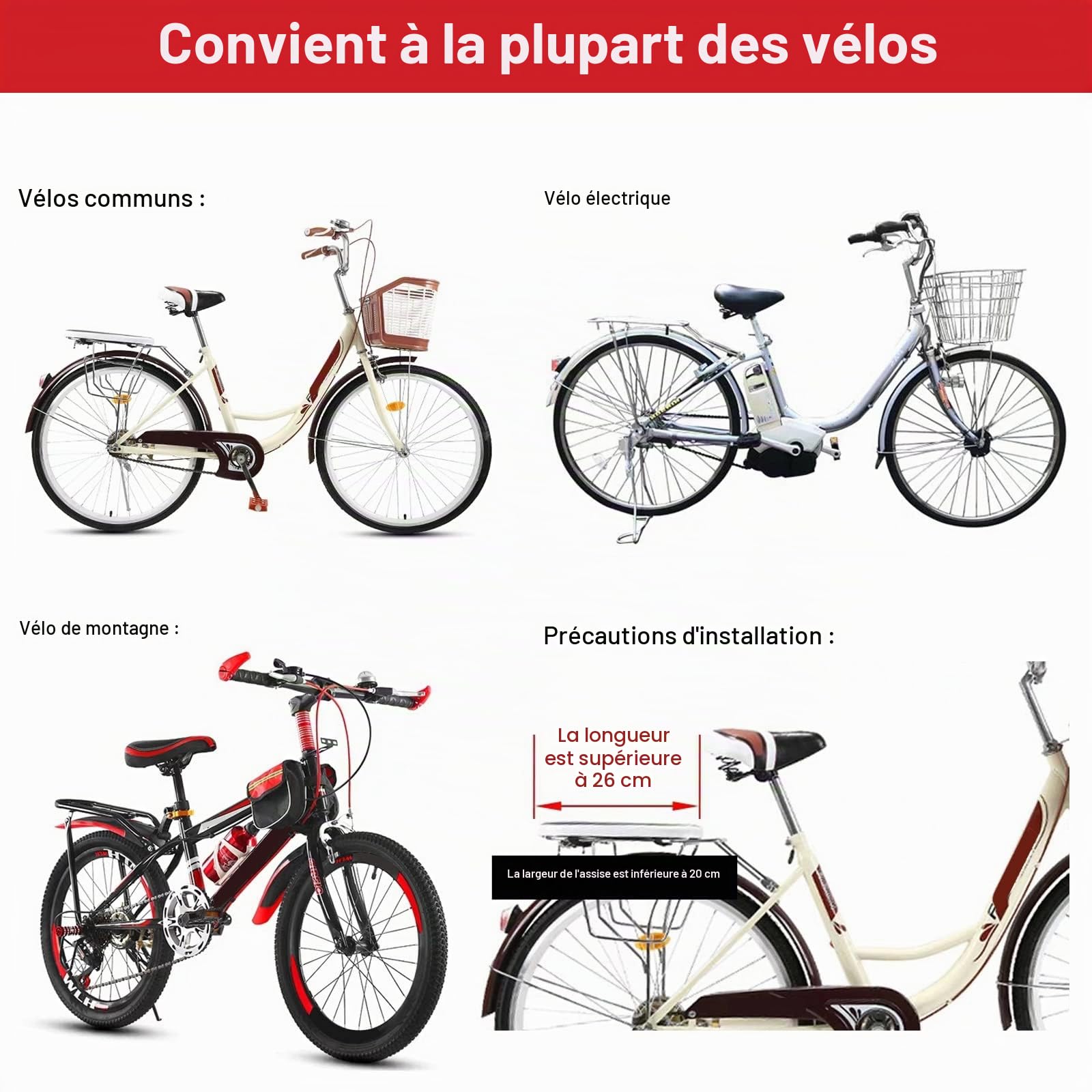 Siège arrière pour vélo Enfant - Siège arrière - Sièges de vélo pour Enfant - avec accoudoirs antidérapants - Coussinets pour pédales - Coussin pour Enfants de 2 à 7 Ans - Charge maximale: 45kg