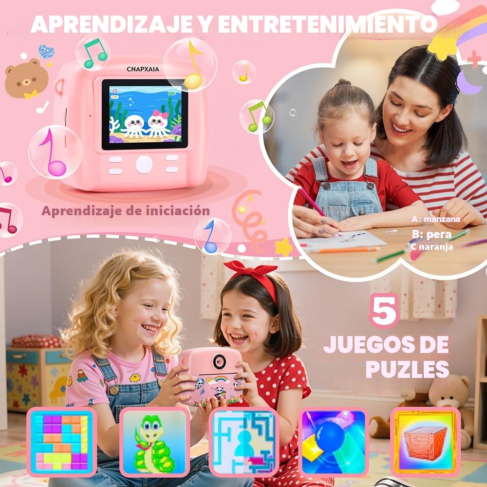 CNAPXAIA Camara Fotos Infantil Instantanea, 2,4'' Cámara Instantánea con Tarjeta de 32GB y Papel de Impresión, Cámara Niños Digital Regalos de Juguete para Niños y Niñas de 3 a 12 Años (Rosa)