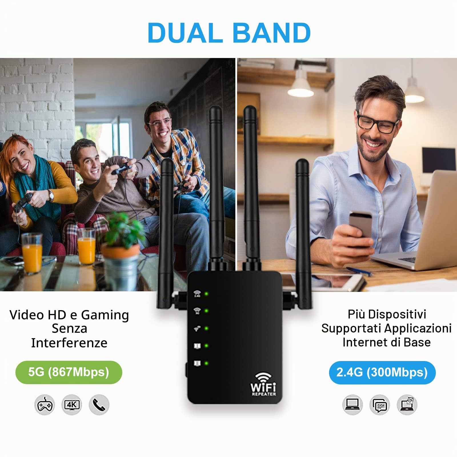 Aigital 1200Mbps Ripetitore WiFi Potente, Amplificatore WiFi Extender 5GHz Dual Band con 2 Porta LAN, Compatibile con Modem Fibra e ADSL