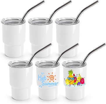 Joyclub 6 Pack 3 oz White Mini Tumbler with Lids and Straws Sublimation Shot Glasses