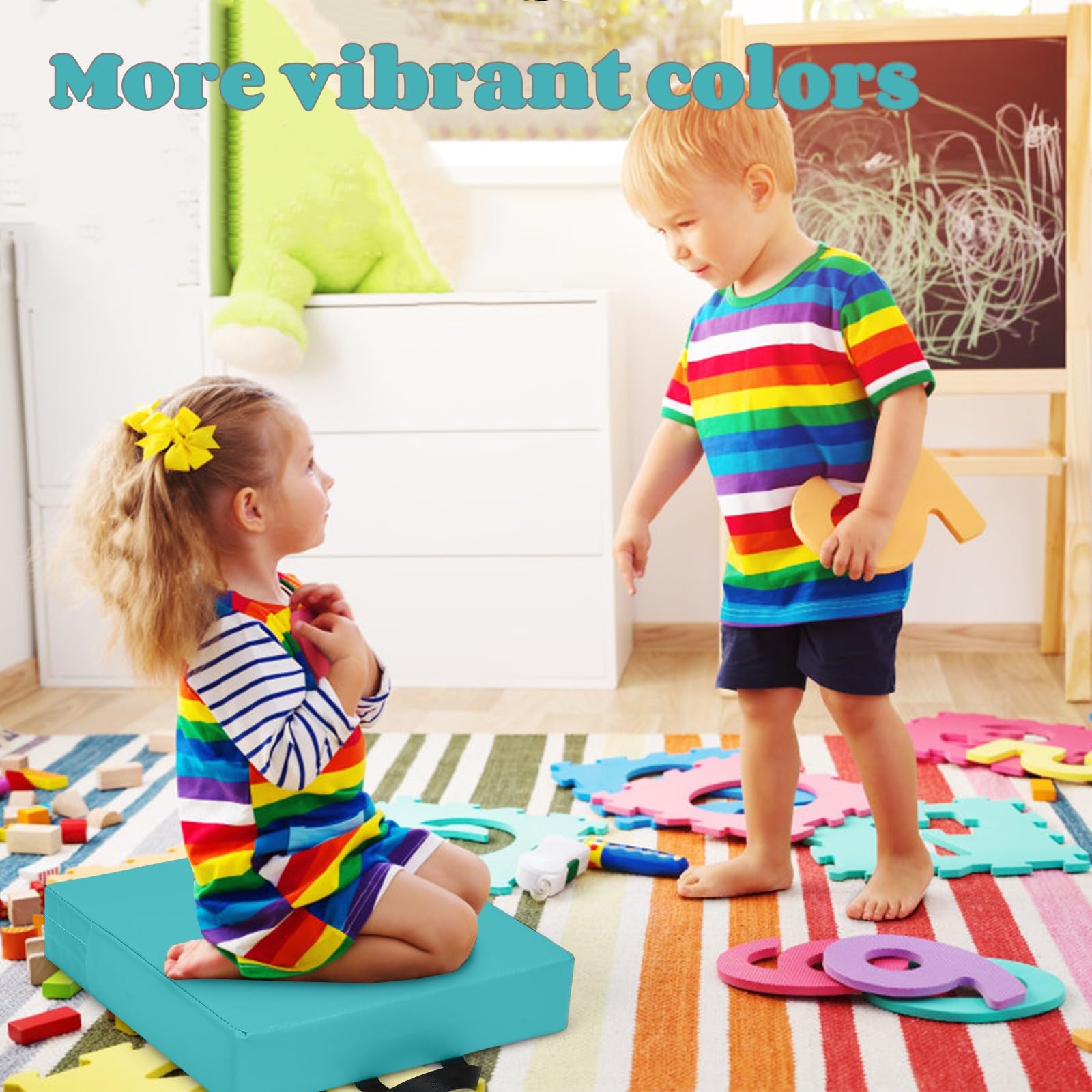LIFEZEAL Juego de 6 Cojines de Silla para Niños, 6 Cojines de Asiento de Colores con Asa, Cojines de Suelo Apilables de Espuma y PU, Cojín Infantil de Descanso para Habitación Infantil (Cuadrado 2)