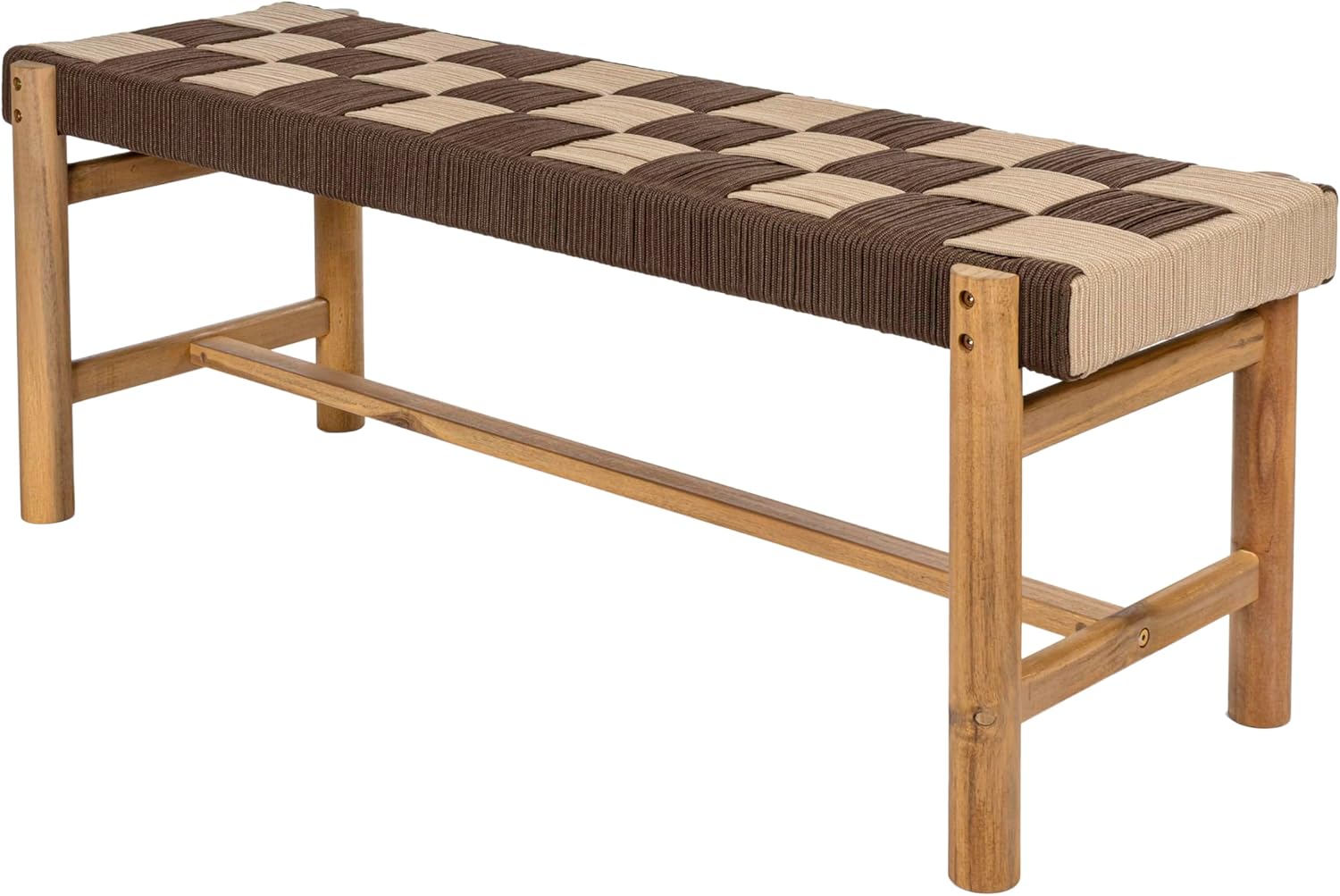 JONATHAN Y BNH202B Denis 48" 2-Seat Backless 700-Lbs Support Acacia Wood Outdoor Bench with Checkerboard Woven Rope Seat for Patio, Garden, Lawn, Backyard, Pool, Deck, Beach, Brown/Beige
