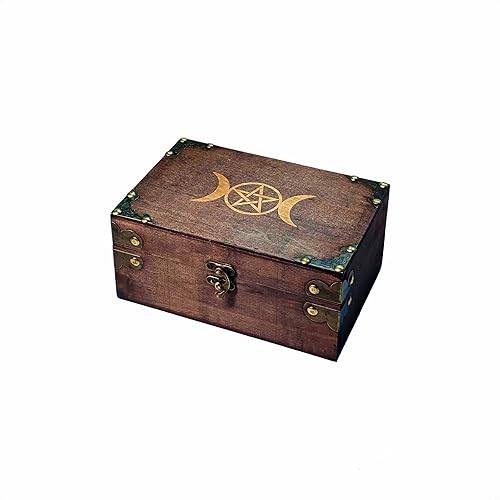 Triple Moon Goddess Pentagram Engraved Wooden Chest Box with Velvet