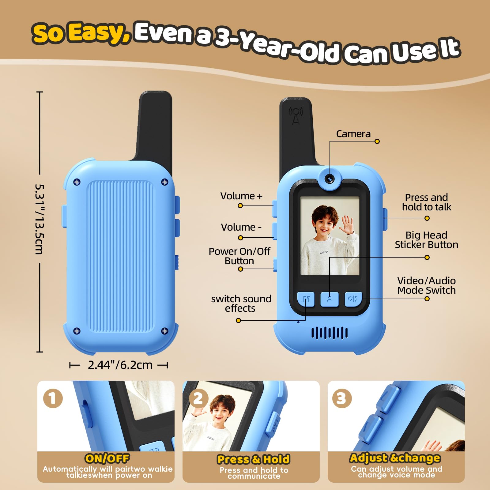 Video Walkie Talkies for Kids, 2 Pack Long Range Walkie Talkies with Screen & Voice Changer, Outdoor Toys for Boys Girls Ages 3-12, Family Games Birthday Gifts for Kids (Blue+Pink)