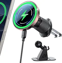 JOYROOM Para carregador MagSafe para carro, [alça de clipe duplo atualizado] Carregador rápido MagSafe sem fio de 15 W para iPhone 16 Pro Max Plus/iPhone 15 14 13 12 Pro Max Plus, marrom