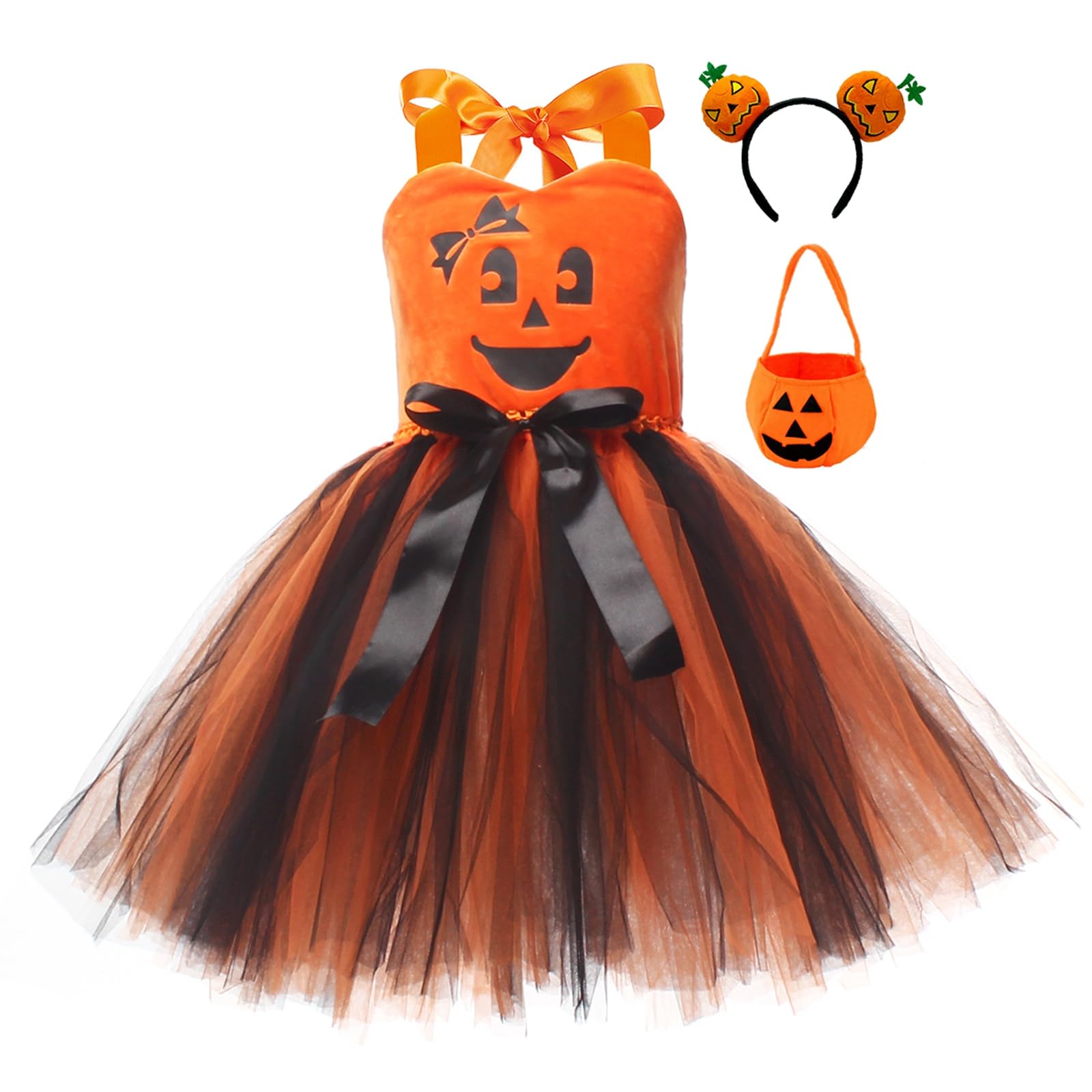 Anuedgis Kids Girls Halloween Pumpkin Costume Cute Sleeveless Tulle Dress with Headband Candy Bag Pumpkin Outfit Theme Party Cosplay Fancy Dress (A-Black Orange, 8-9 Years)