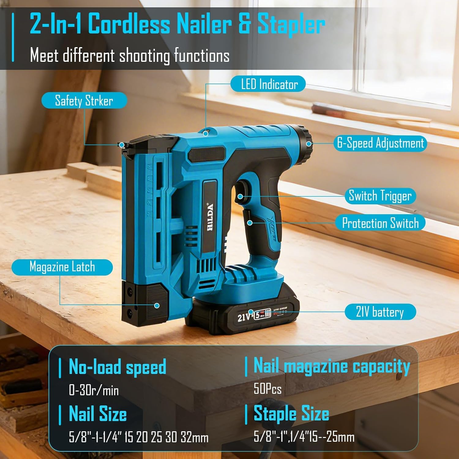 Chiodatrice e cucitrice senza fili,18GA 21V pistola sparachiodi elettrica con 2×2,0 Ah batterie,1000 chiodi e 1000 punti metallici inclusi, profondità regolabile per fai da te e lavorazione del legno