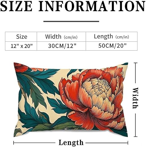 Miniatura 2 de ArogGeld Chinoiserie - Funda de cojín lumbar floral de peonía de coral, verde azulado, verde y rojo, almohada decorativa de chinoiserie japonesa