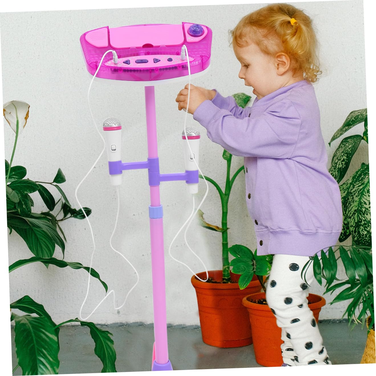 Microfoni Karaoke Giocattolo Rosa con Supporto Doppio Microfono Interattivo per Canto e Gioco Musicale Educativo