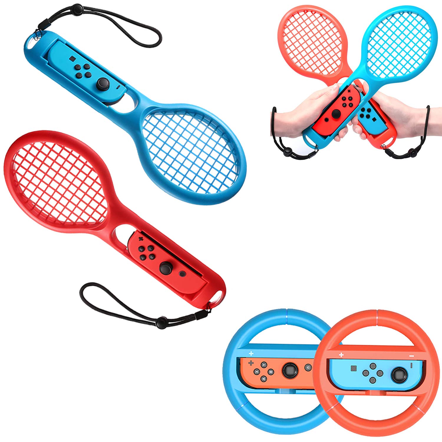 OLDZHU Steering Wheel and Tennis Racket Combo Pack Compatible with Nintendo Switch of 4 pack Perfect for Game Mario Tennis Aces