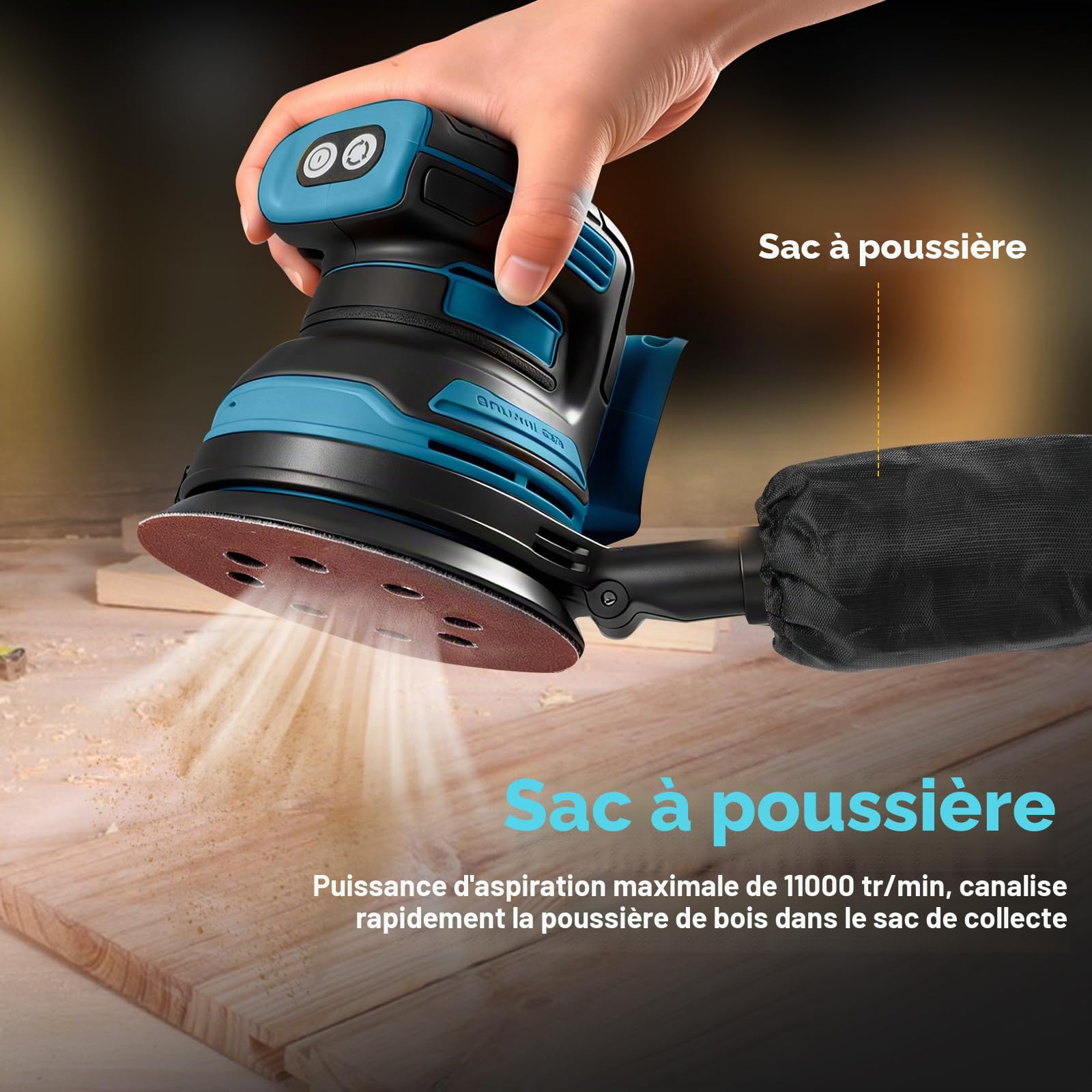 Ponceuse orbitale à mouvements aléatoires sans balai pour compatible avec batterie Makita 18V, ponceuse électrique sans balai à mouvements aléatoires à prise de 5 pouces avec 20 pièces de papier