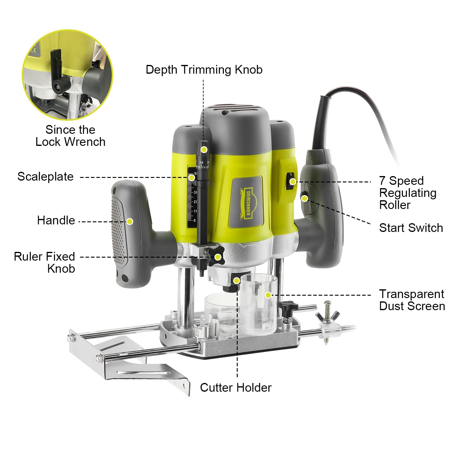 DEWINNER Elektronik Oberfräse Fräser 1200W,Ø 6 und 8 mm,Drehzahlregelung, Parallelanschlag, Absaugadapter, Set 12-teilig