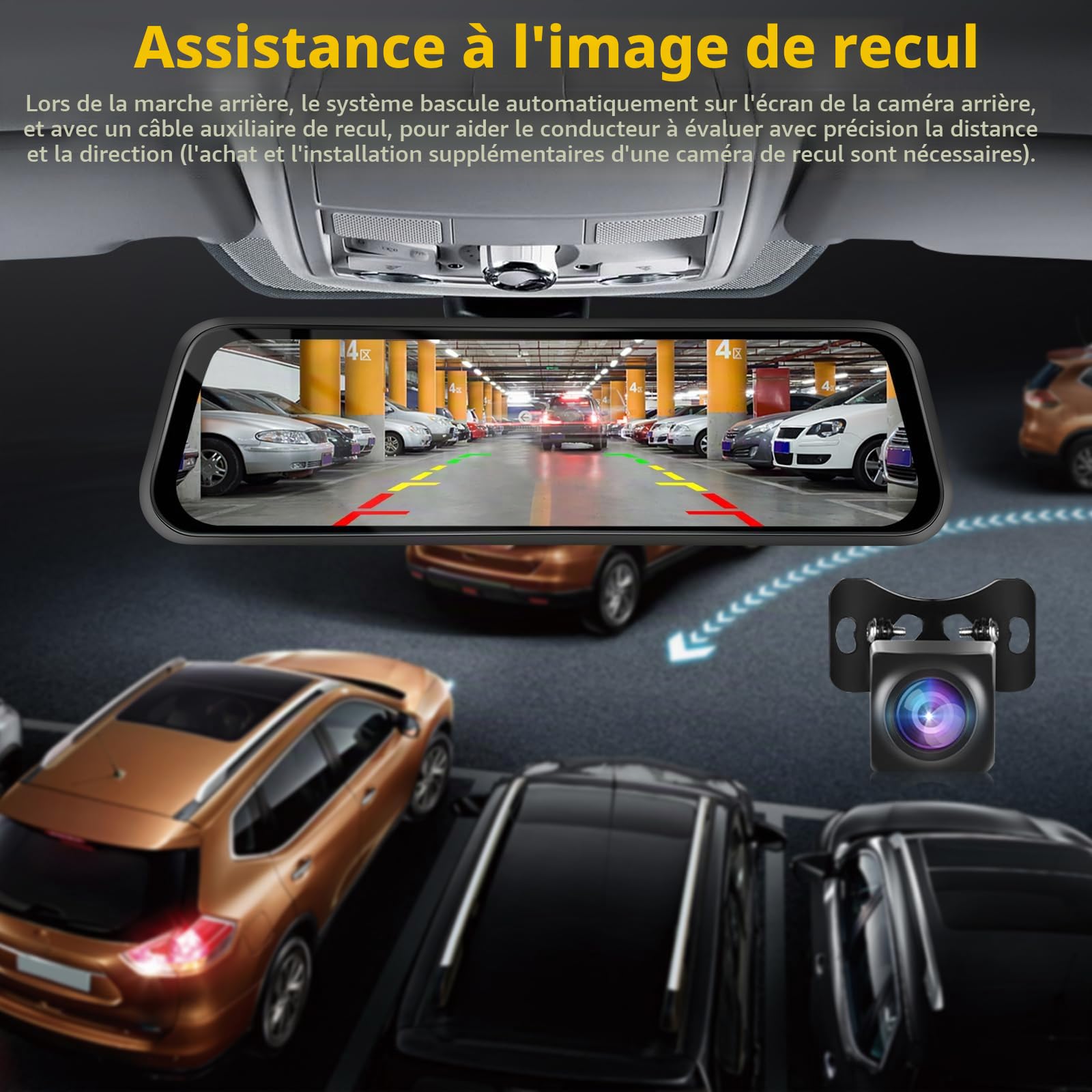 Podofo Caméra de Tableau de Bord Miroir 12" avec Carplay sans Fil, Android Auto avec caméra de recul HD, écran Tactile IPS Double rétroviseur 1080P Dashcam Dash Cam Voiture, 2 écrans divisés